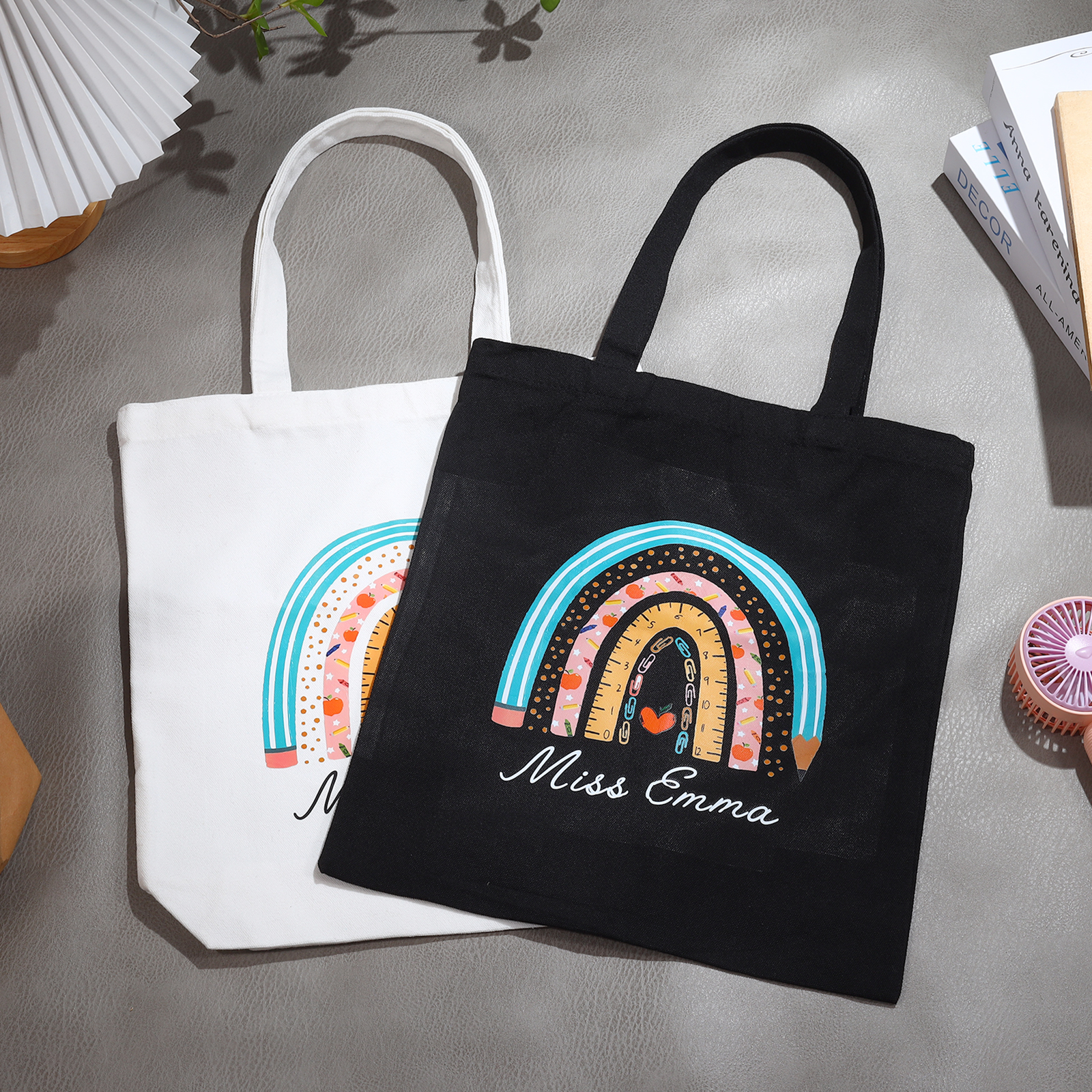 Borsa tote con acrobaleno in vela con 1 testo personalizzato regalo per il ritorno a scuola