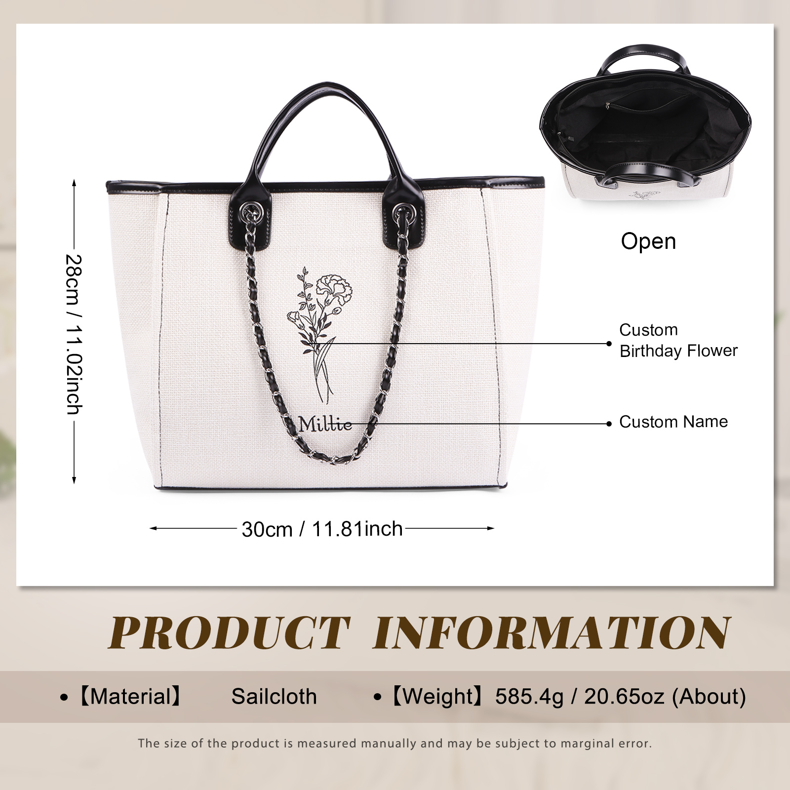 Borsa Personalizzata in Tela per Donna con 1 Nome e 1 Fiore di Nascita - Disponibile in 3 Colori - Regalo di San Valentino per Lei | Jessemade