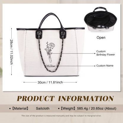 Borsa Personalizzata in Tela per Donna con 1 Nome e 1 Fiore di Nascita - Disponibile in 3 Colori - Regalo di San Valentino per Lei | Jessemade