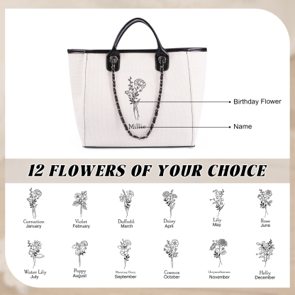 Borsa Personalizzata in Tela per Donna con 1 Nome e 1 Fiore di Nascita - Disponibile in 3 Colori - Regalo di San Valentino per Lei | Jessemade