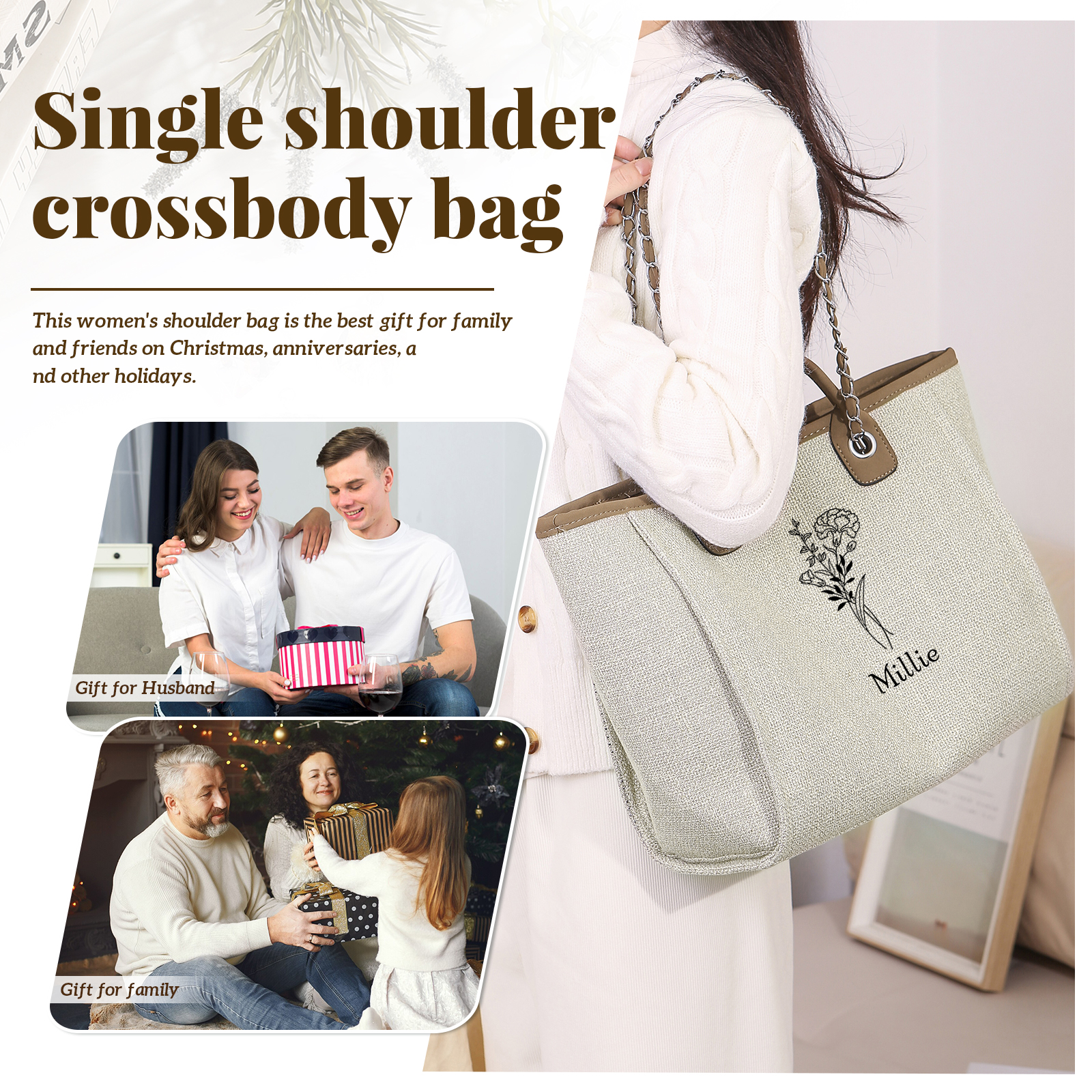 Borsa Personalizzata in Tela per Donna con 1 Nome e 1 Fiore di Nascita - Disponibile in 3 Colori - Regalo di San Valentino per Lei | Jessemade