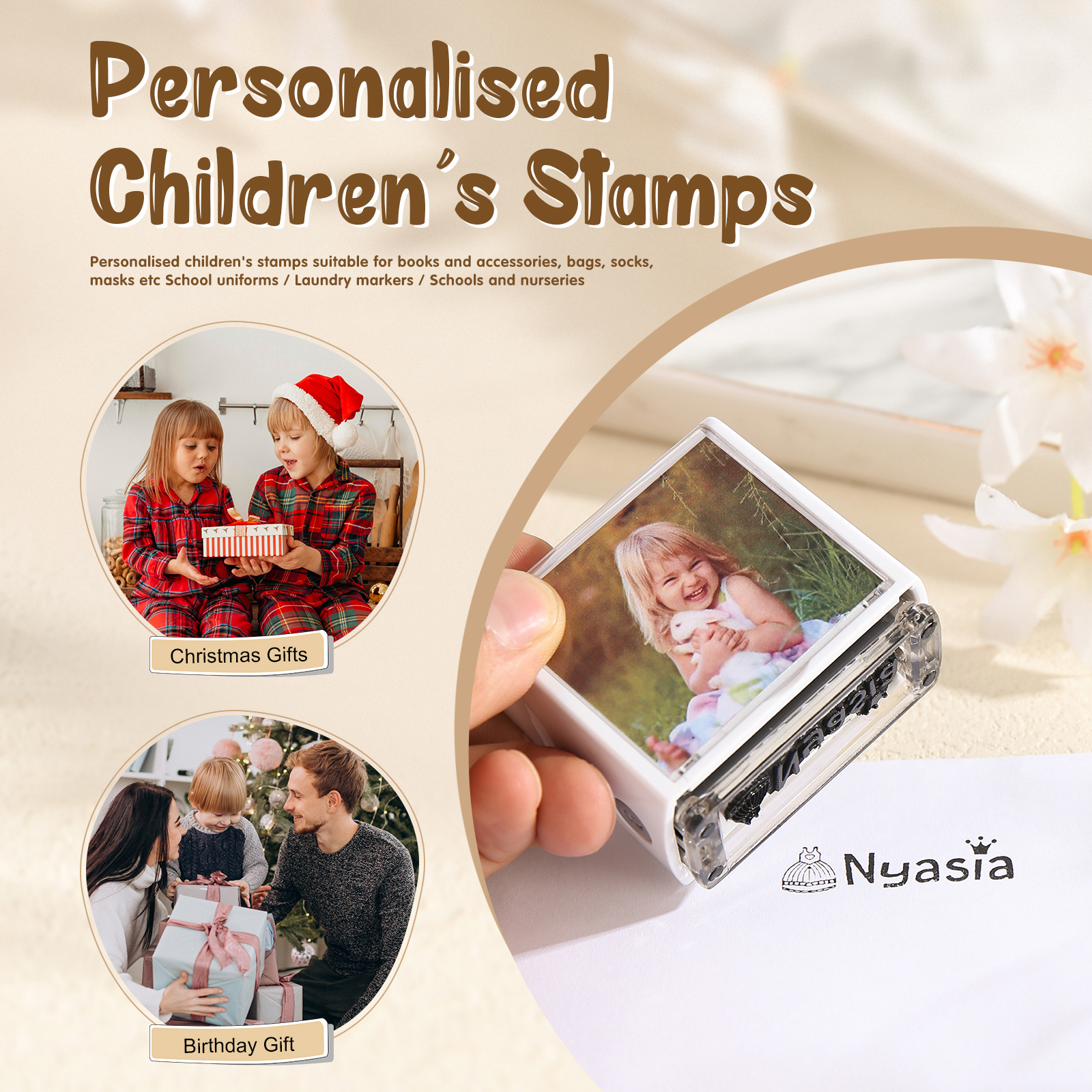 Timbro con nome e foto personalizzato regalo per studente scuola su libro/vestito