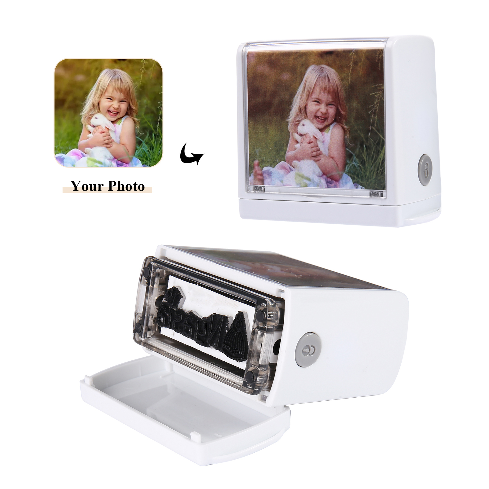 Timbro con nome e foto personalizzato regalo per studente scuola su libro/vestito