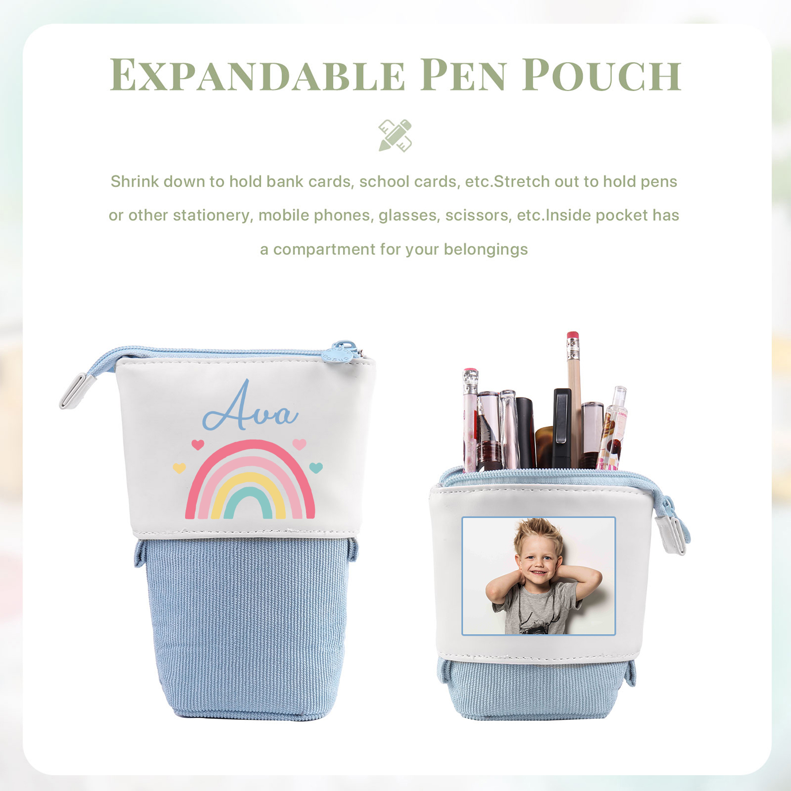 Astuccio per matite acrobaleno personalizzato con 1 nome e 1 foto per scuola elementare bambini