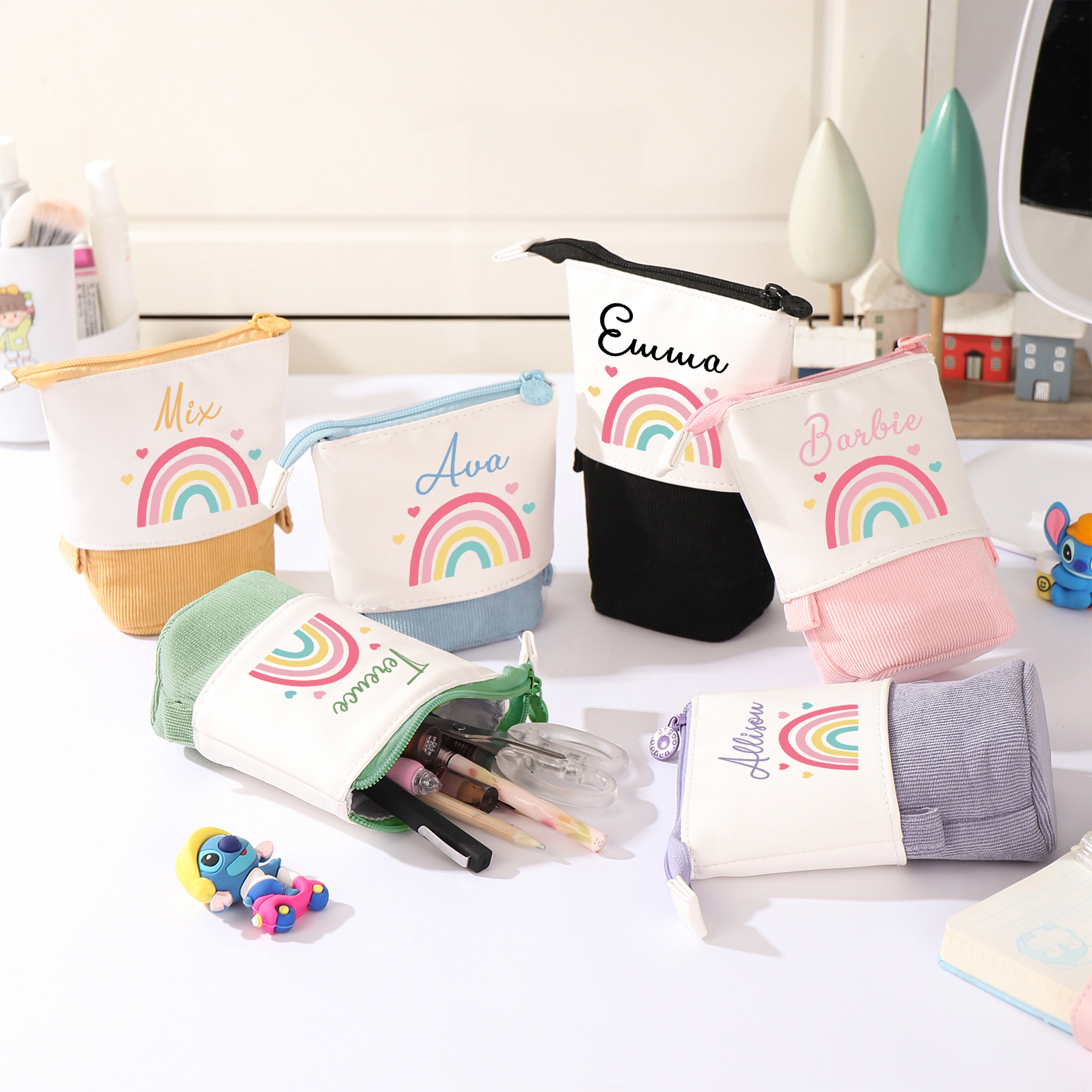 Astuccio per matite acrobaleno personalizzato con 1 nome e 1 foto per scuola elementare bambini