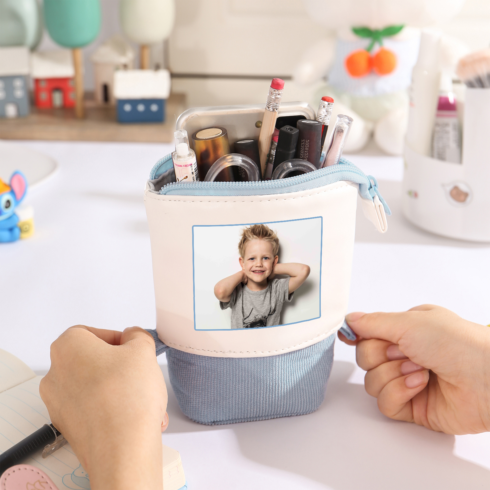 Astuccio per matite acrobaleno personalizzato con 1 nome e 1 foto per scuola elementare bambini