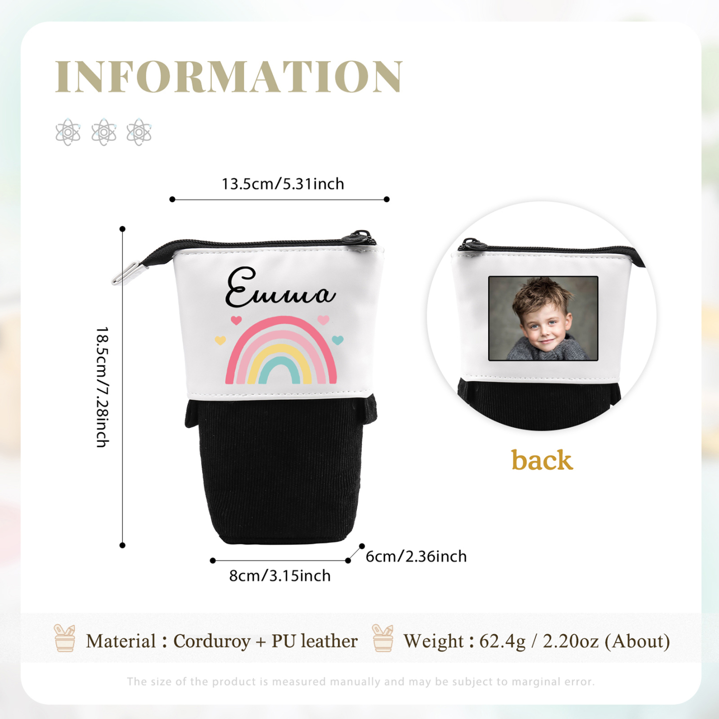 Astuccio per matite acrobaleno personalizzato con 1 nome e 1 foto per scuola elementare bambini