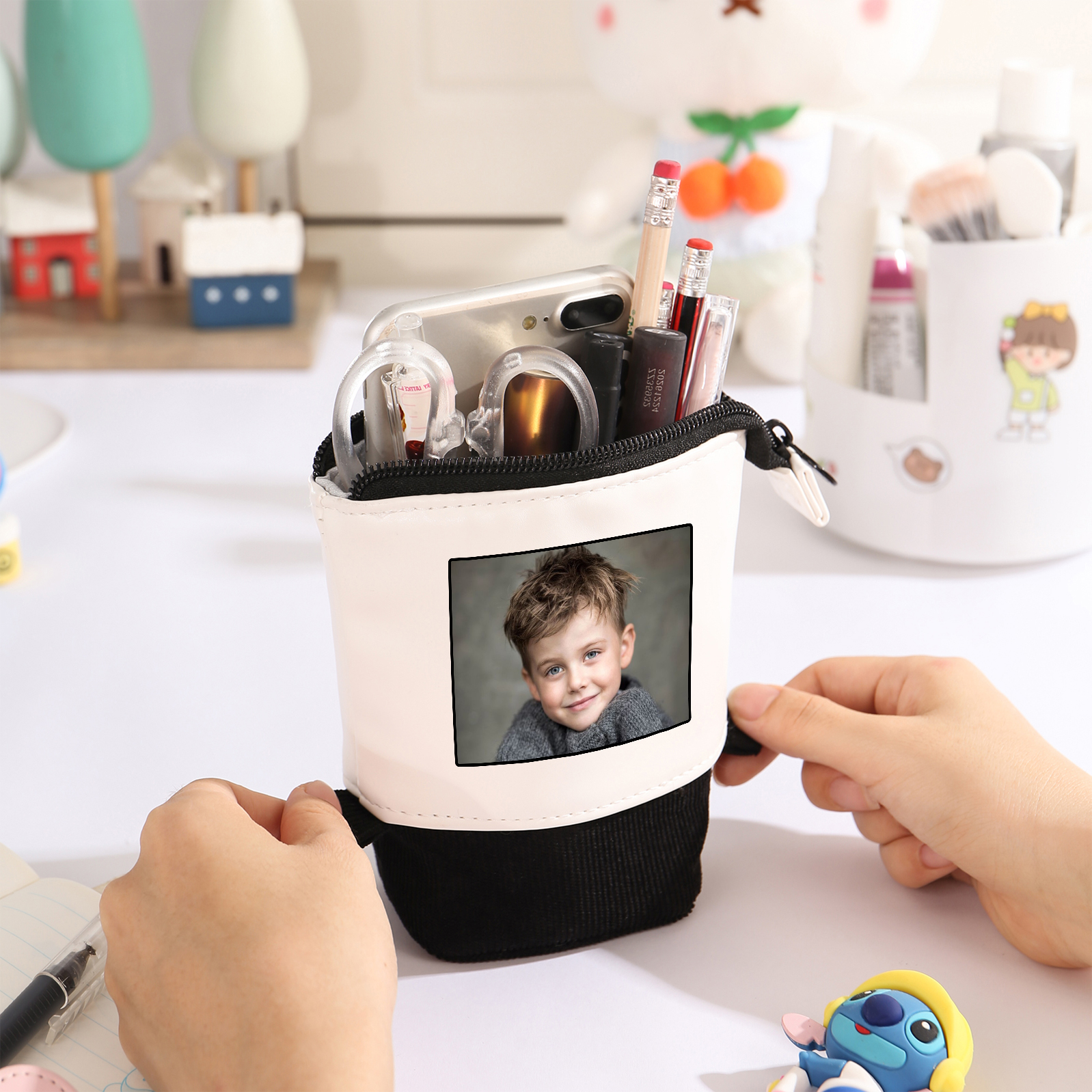 Astuccio per matite acrobaleno personalizzato con 1 nome e 1 foto per scuola elementare bambini