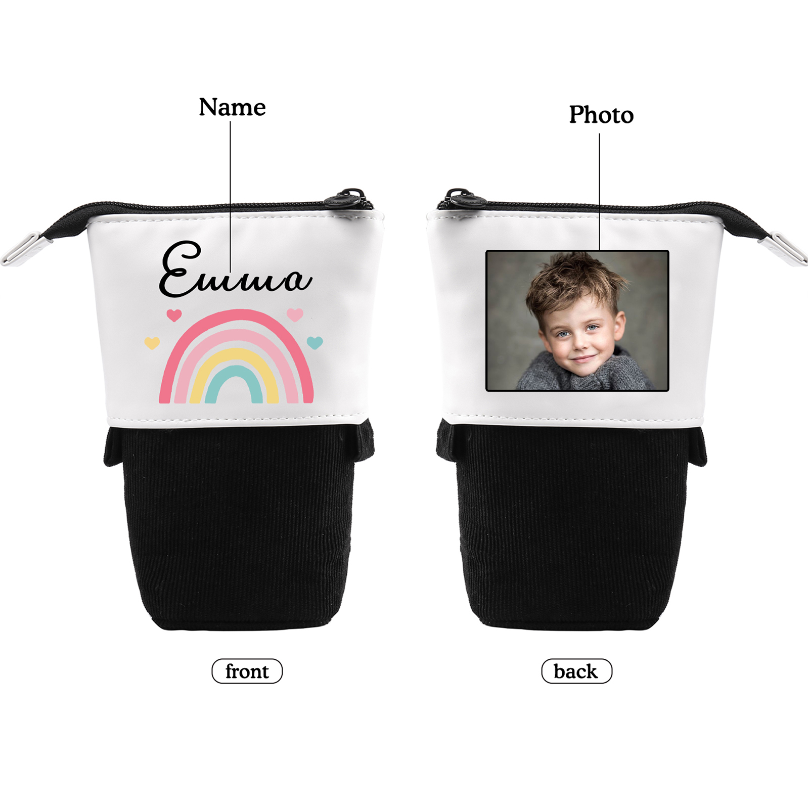 Astuccio per matite acrobaleno personalizzato con 1 nome e 1 foto per scuola elementare bambini