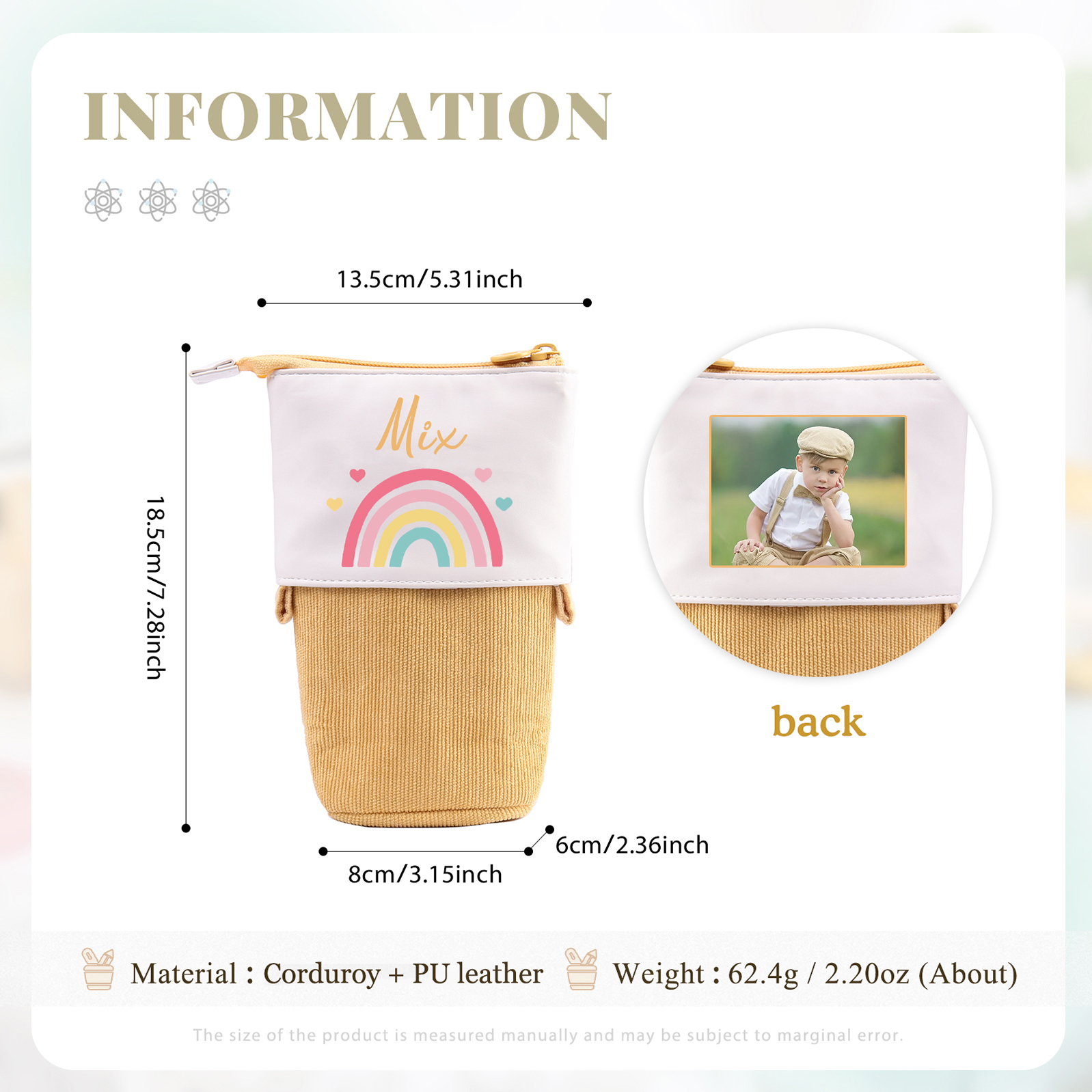 Astuccio per matite acrobaleno personalizzato con 1 nome e 1 foto per scuola elementare bambini