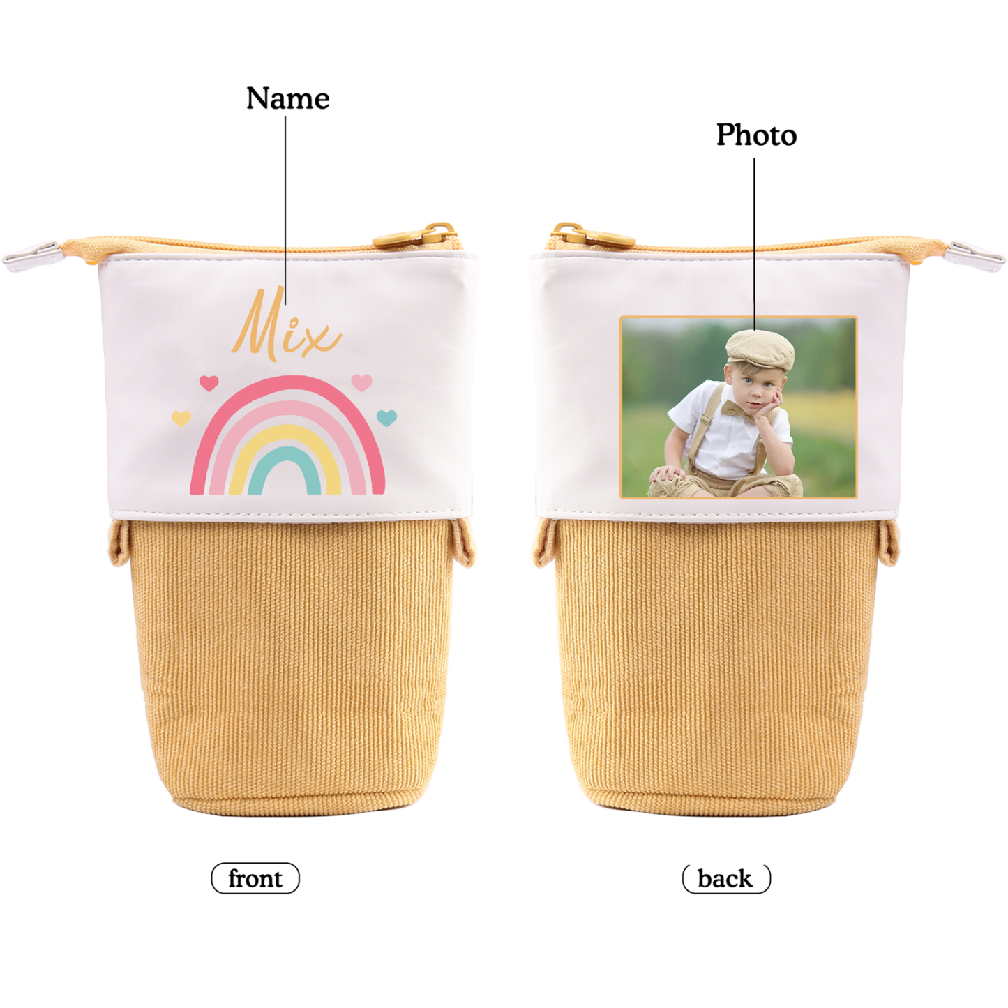 Astuccio per matite acrobaleno personalizzato con 1 nome e 1 foto per scuola elementare bambini