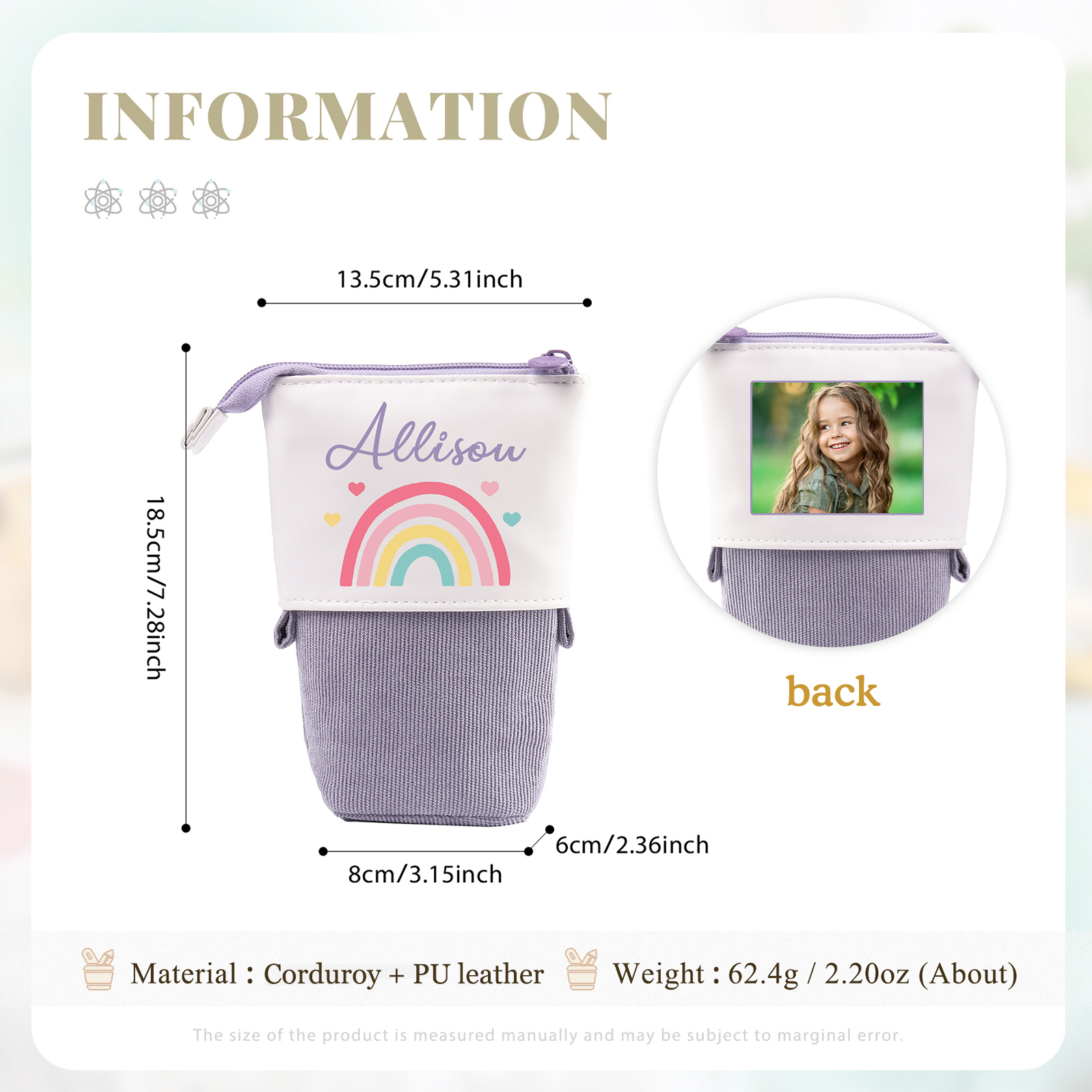 Astuccio per matite acrobaleno personalizzato con 1 nome e 1 foto per scuola elementare bambini