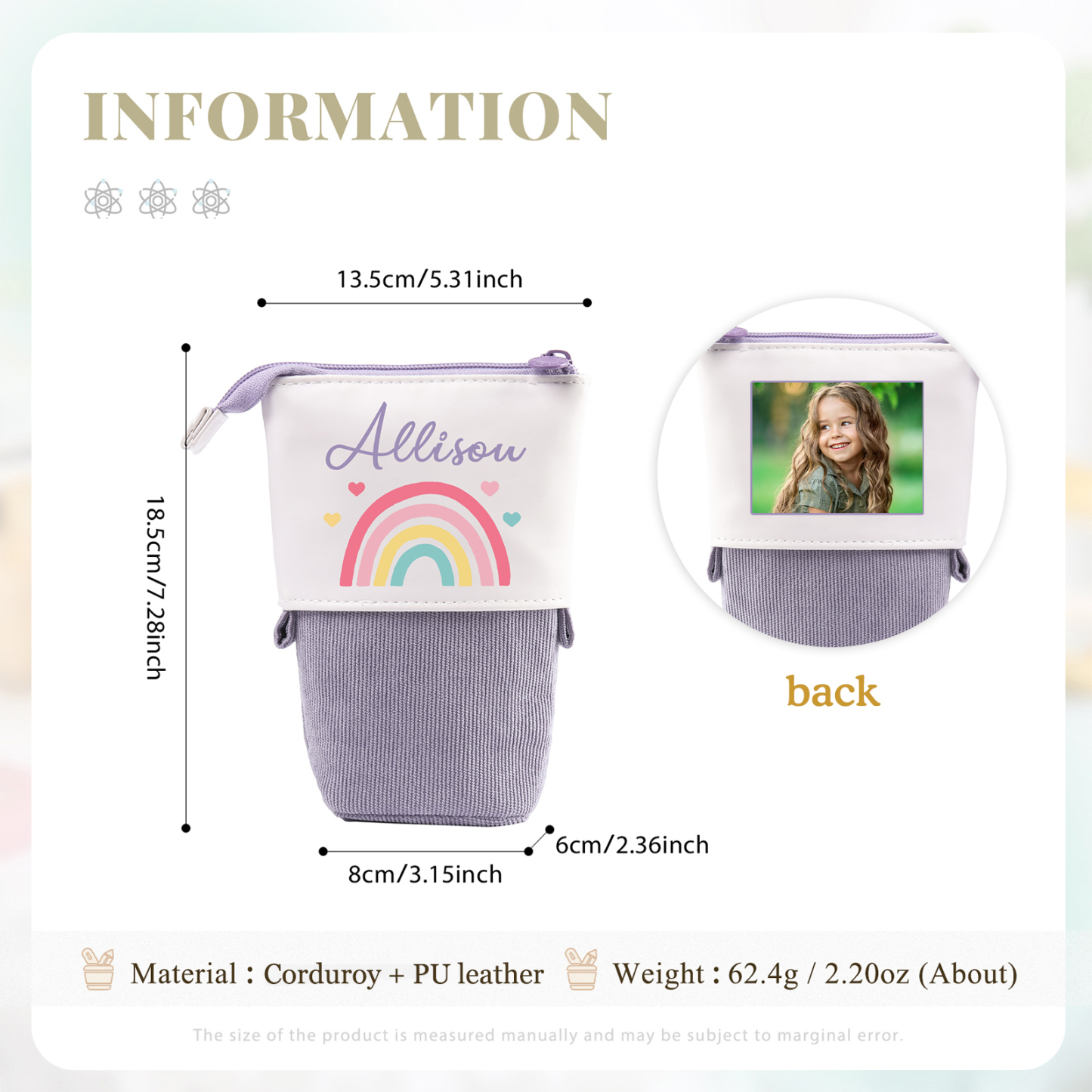 Astuccio per matite acrobaleno personalizzato con 1 nome e 1 foto per scuola elementare bambini