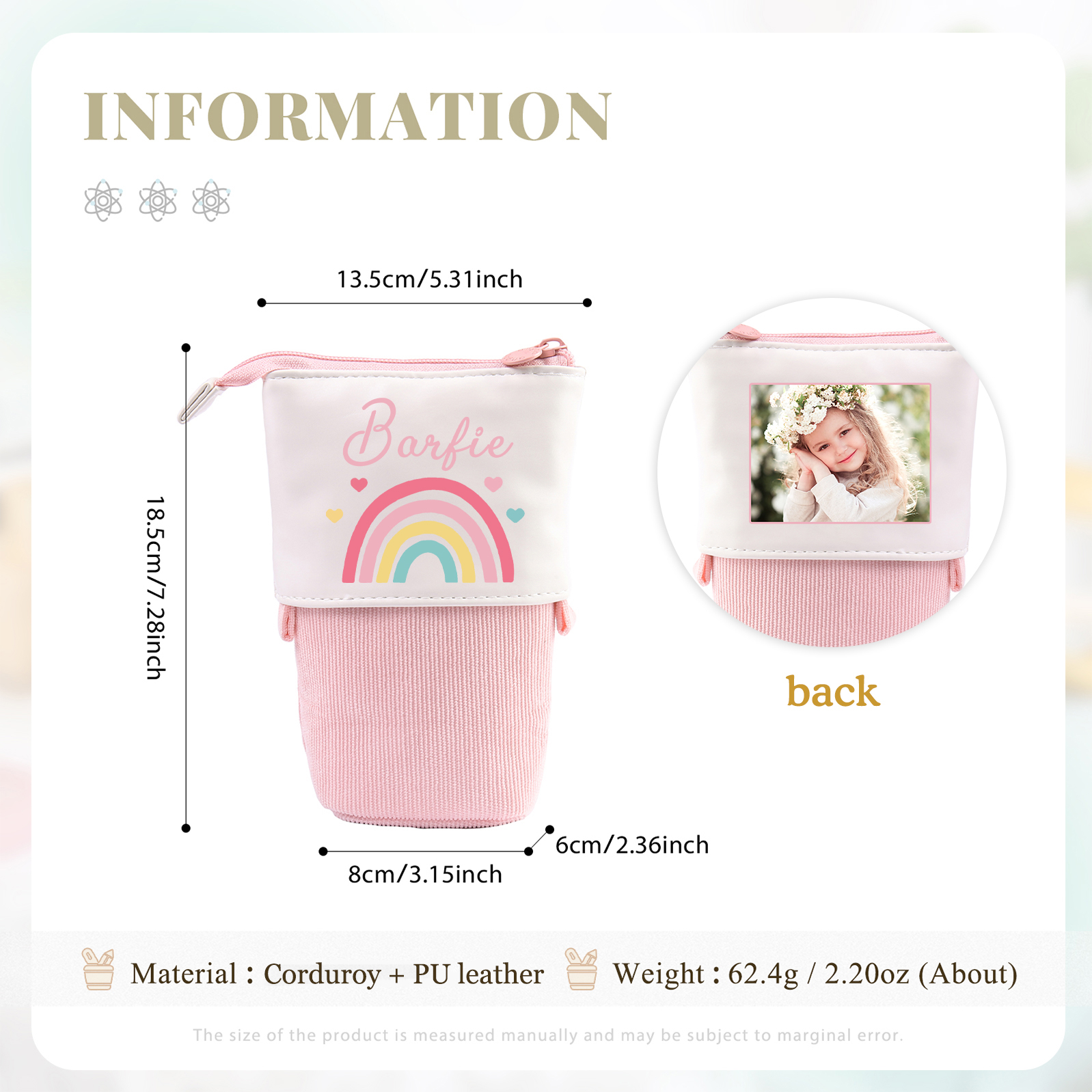 Astuccio per matite acrobaleno personalizzato con 1 nome e 1 foto per scuola elementare bambini