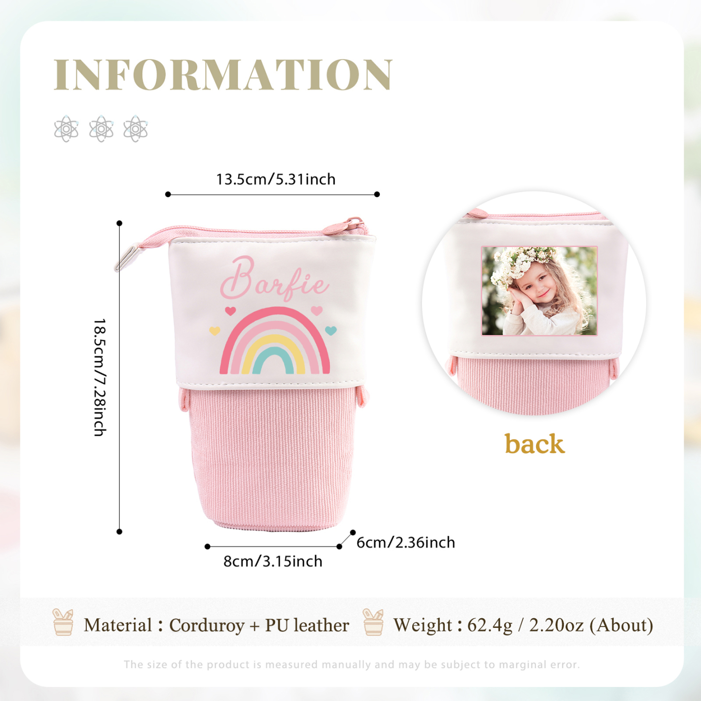 Astuccio per matite acrobaleno personalizzato con 1 nome e 1 foto per scuola elementare bambini