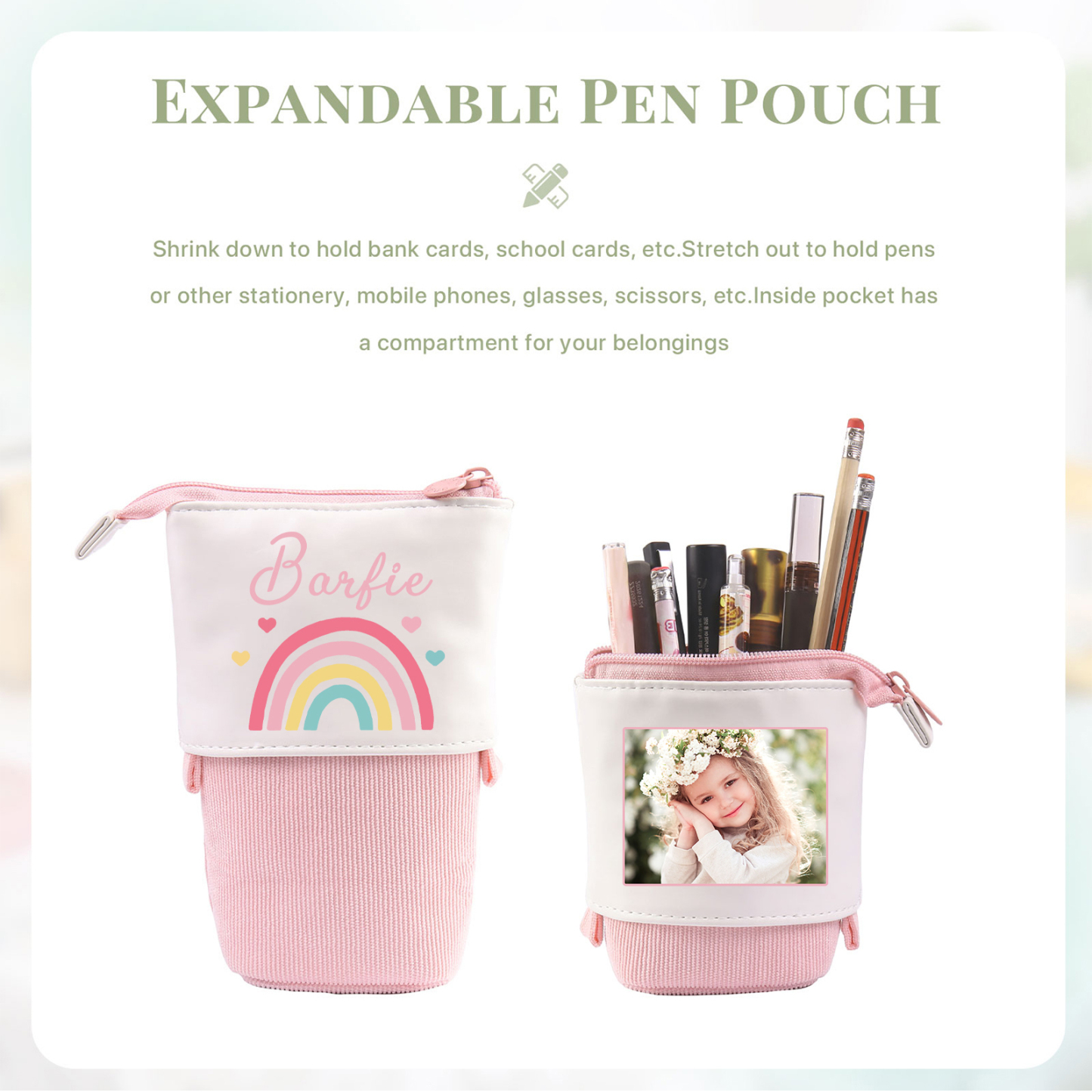 Astuccio per matite acrobaleno personalizzato con 1 nome e 1 foto per scuola elementare bambini