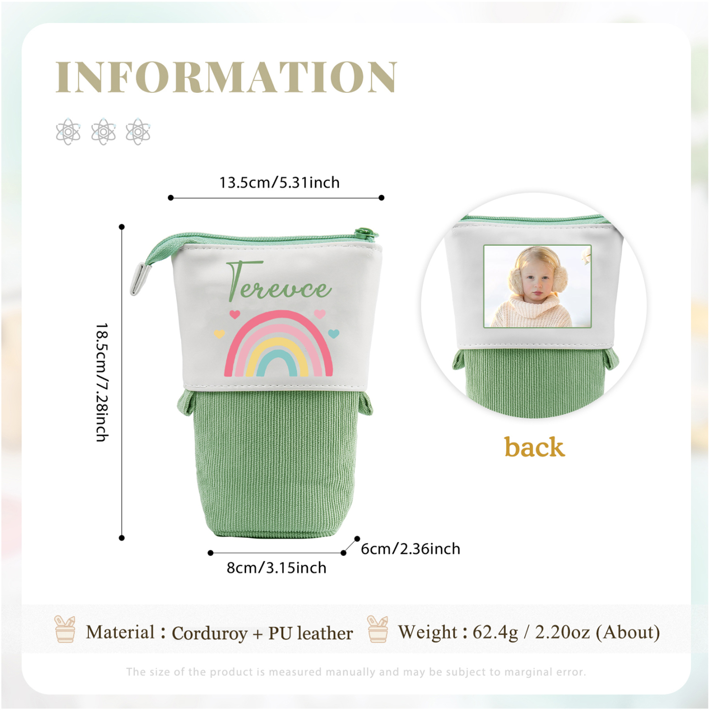 Astuccio per matite acrobaleno personalizzato con 1 nome e 1 foto per scuola elementare bambini