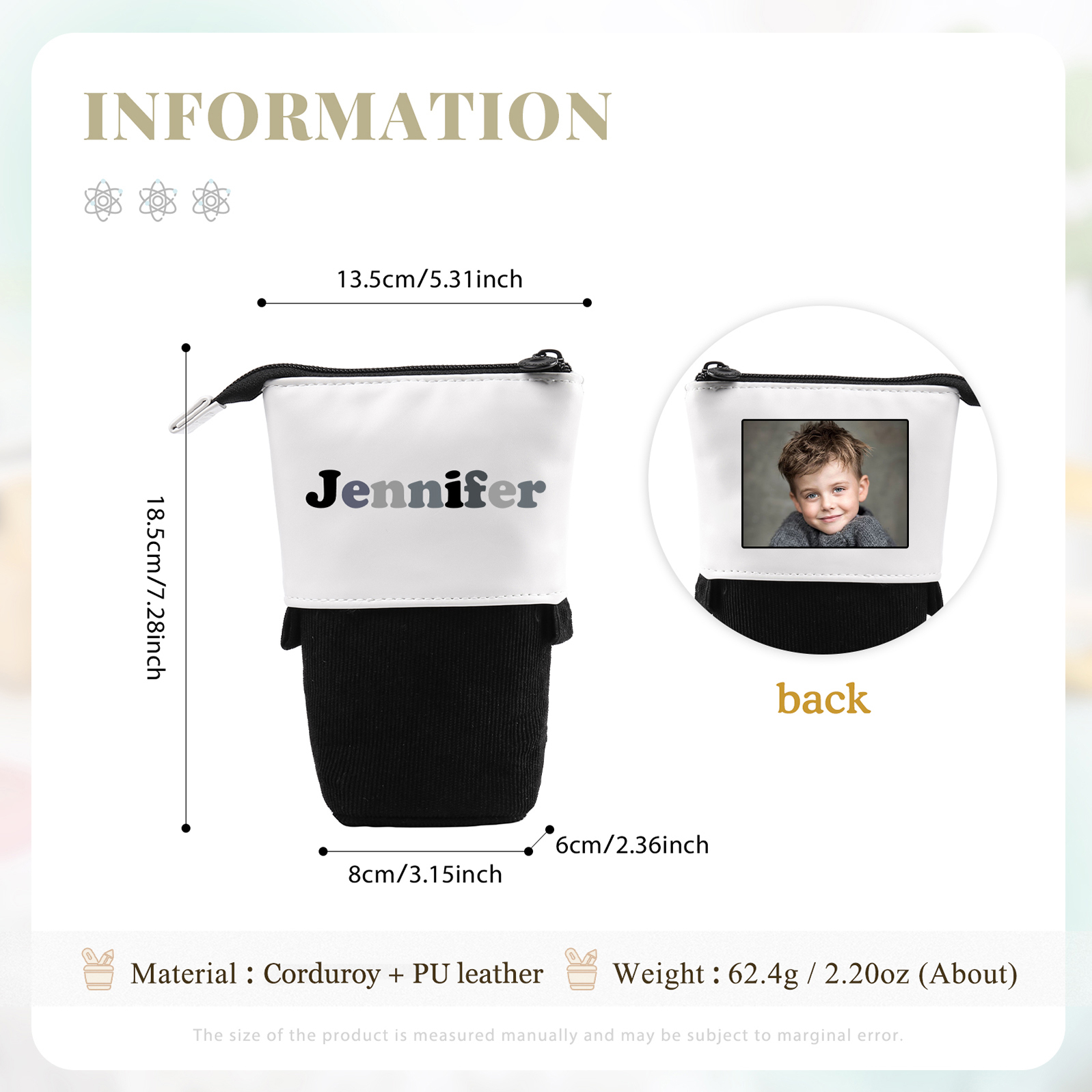 Astuccio per matite acrobaleno personalizzato con 1 nome e 1 foto per scuola elementare bambini