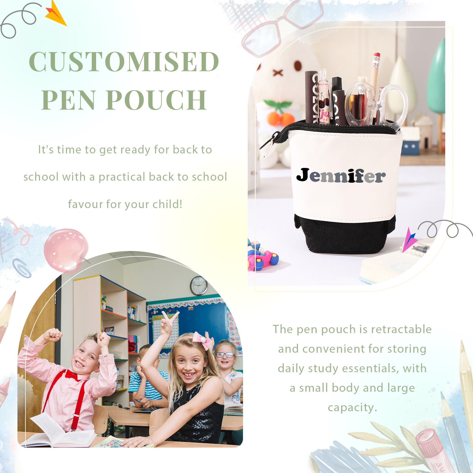 Astuccio per matite acrobaleno personalizzato con 1 nome e 1 foto per scuola elementare bambini