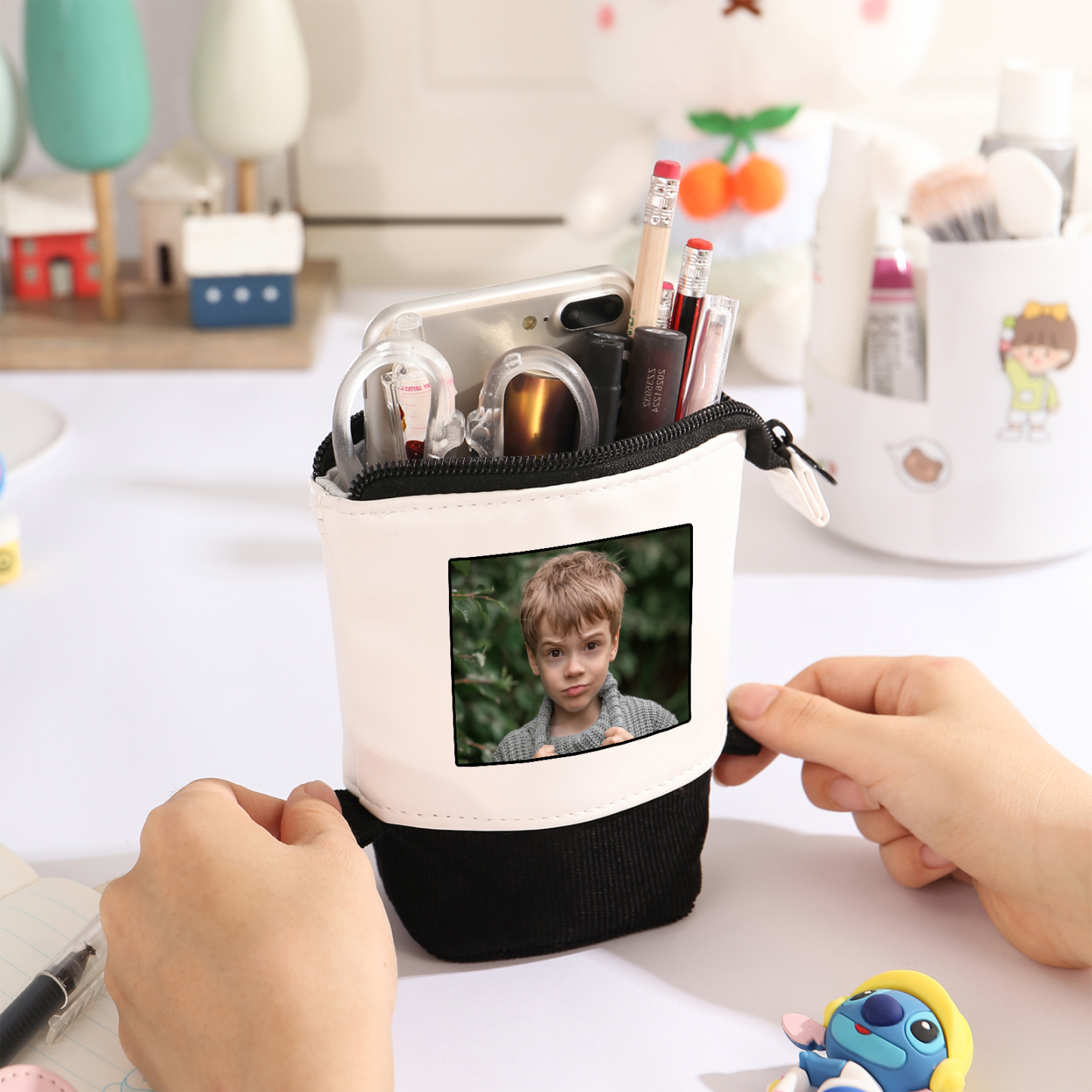 Astuccio per matite acrobaleno personalizzato con 1 nome e 1 foto per scuola elementare bambini