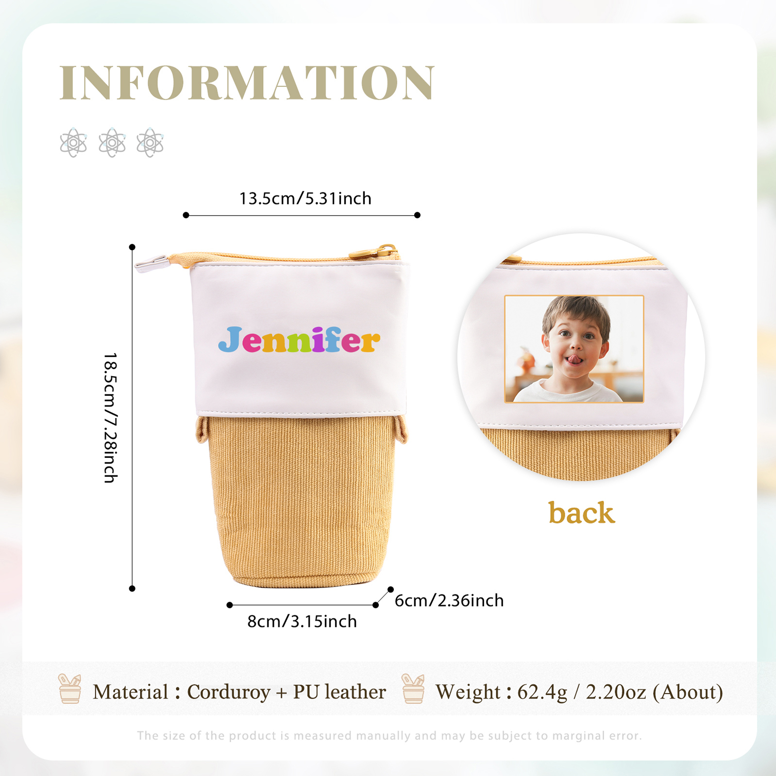 Astuccio per matite acrobaleno personalizzato con 1 nome e 1 foto per scuola elementare bambini