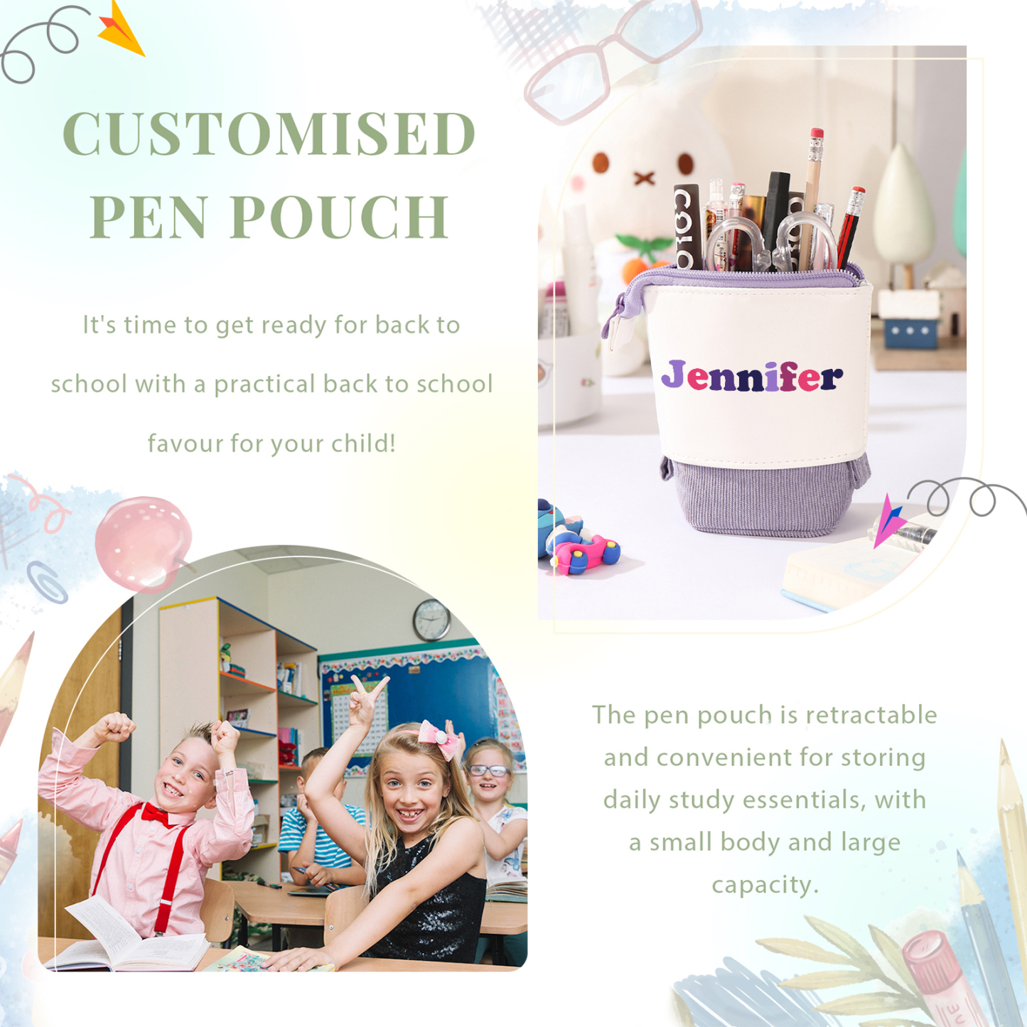 Astuccio per matite acrobaleno personalizzato con 1 nome e 1 foto per scuola elementare bambini