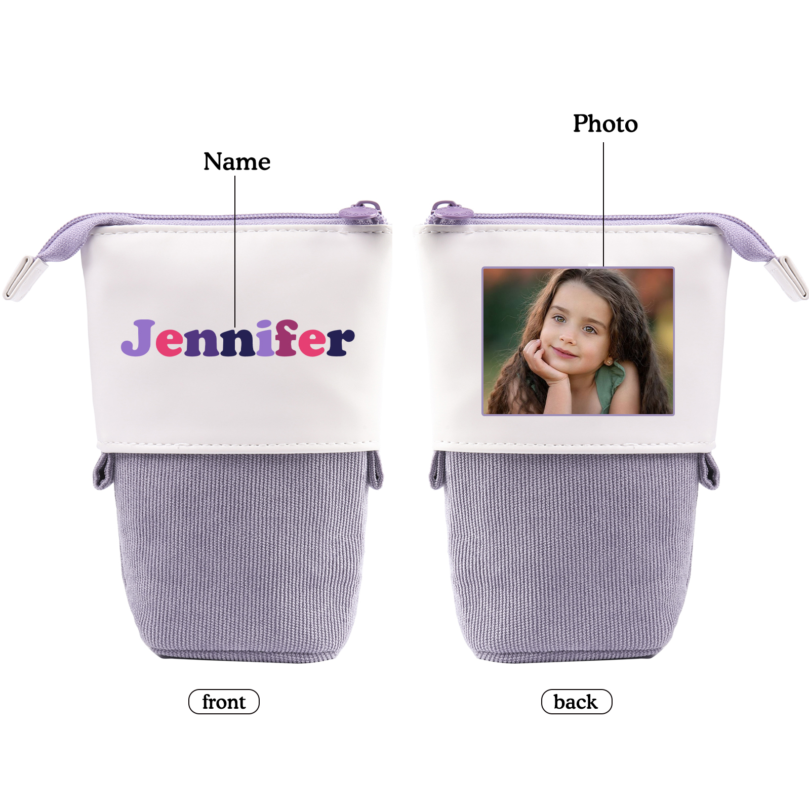 Astuccio per matite acrobaleno personalizzato con 1 nome e 1 foto per scuola elementare bambini