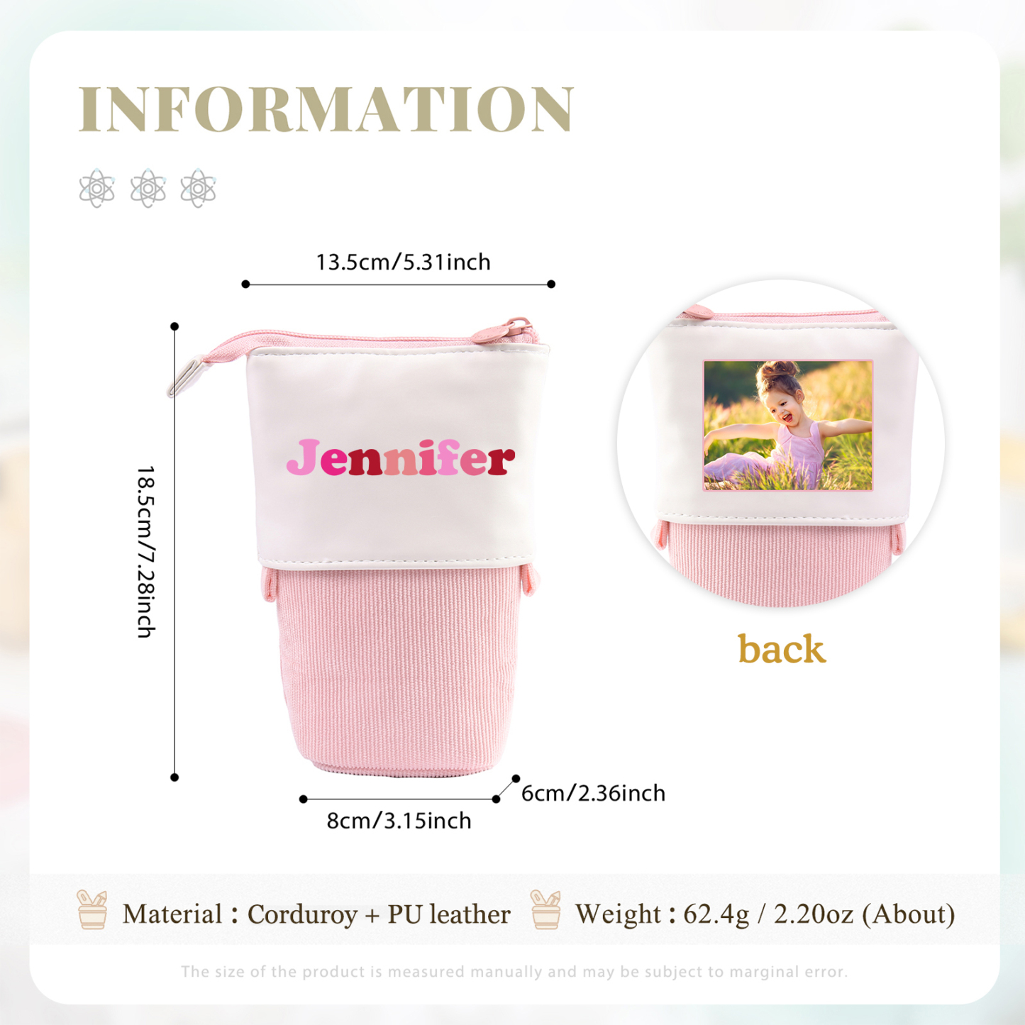 Astuccio per matite acrobaleno personalizzato con 1 nome e 1 foto per scuola elementare bambini