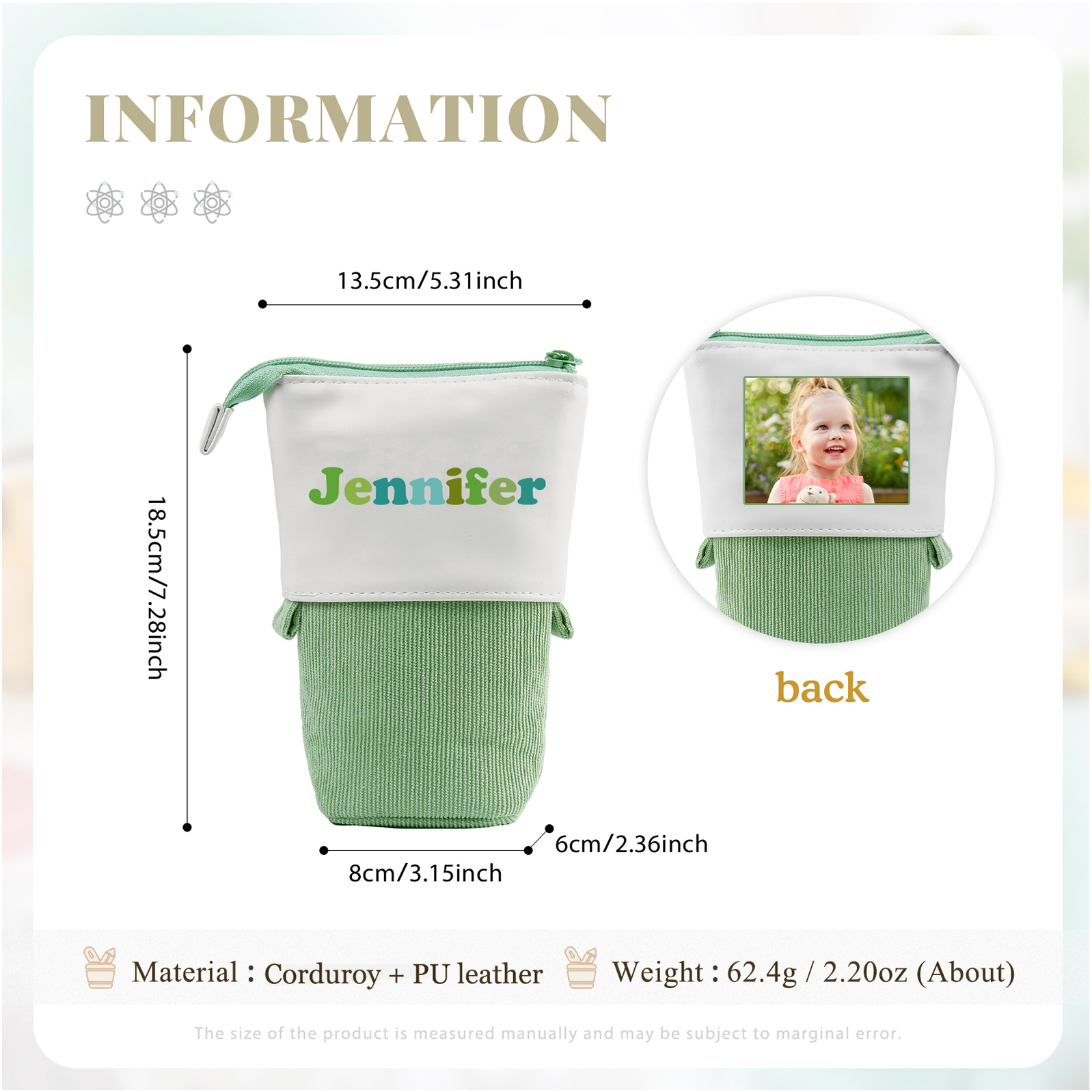 Astuccio per matite acrobaleno personalizzato con 1 nome e 1 foto per scuola elementare bambini