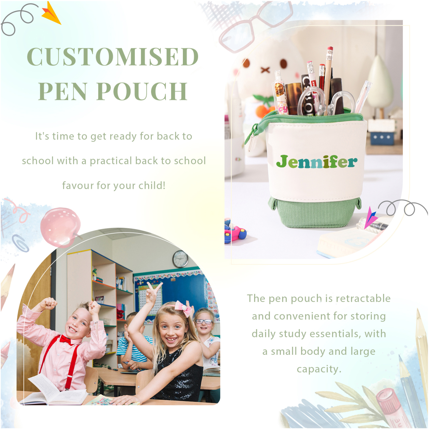 Astuccio per matite acrobaleno personalizzato con 1 nome e 1 foto per scuola elementare bambini