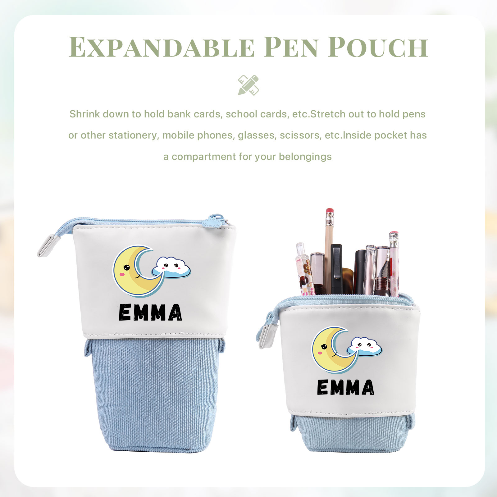 Astuccio per matite luna e nuvola personalizzato con 1 nome regalo per scuola elementare bambini