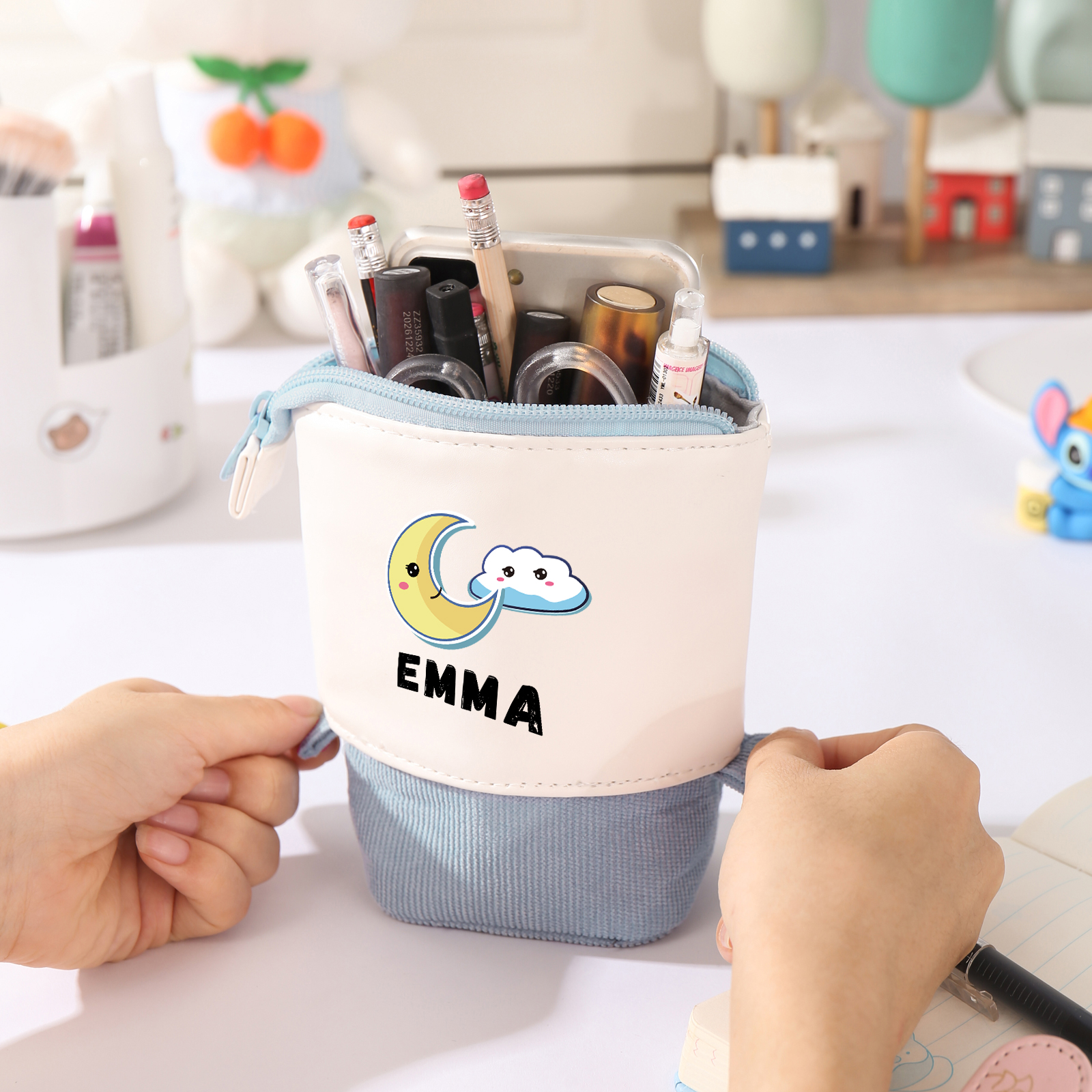 Astuccio per matite luna e nuvola personalizzato con 1 nome regalo per scuola elementare bambini