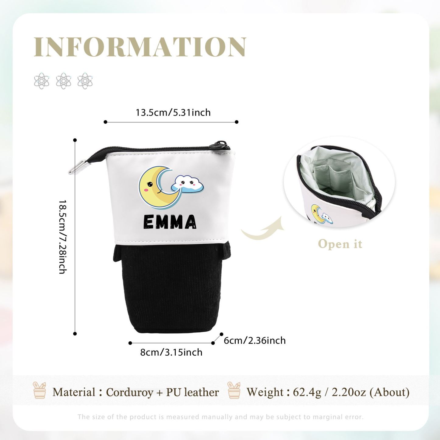 Astuccio per matite luna e nuvola personalizzato con 1 nome regalo per scuola elementare bambini