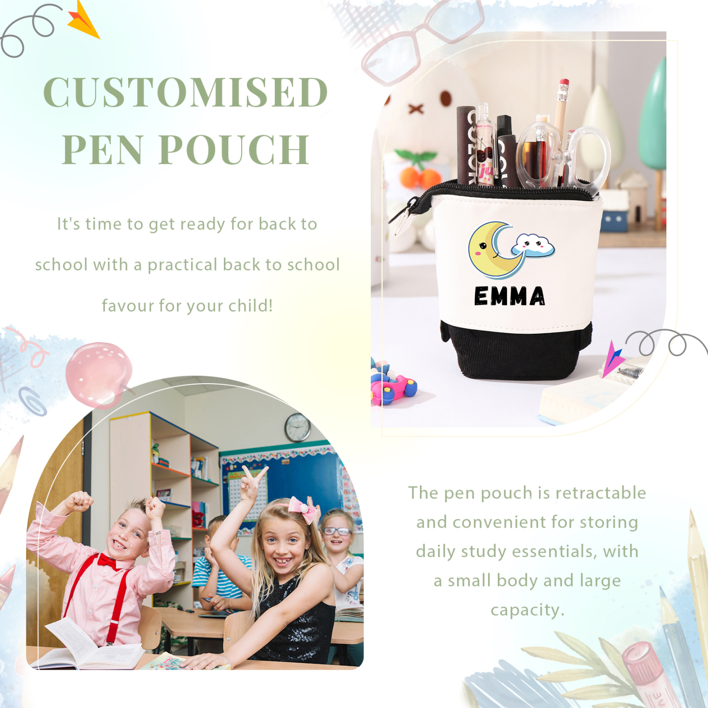 Astuccio per matite luna e nuvola personalizzato con 1 nome regalo per scuola elementare bambini