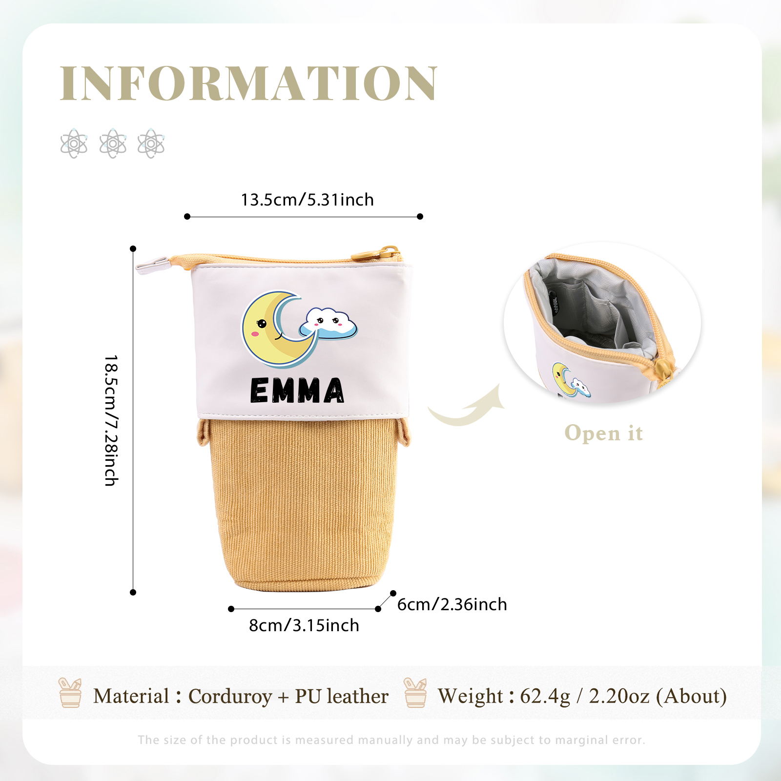 Astuccio per matite luna e nuvola personalizzato con 1 nome regalo per scuola elementare bambini