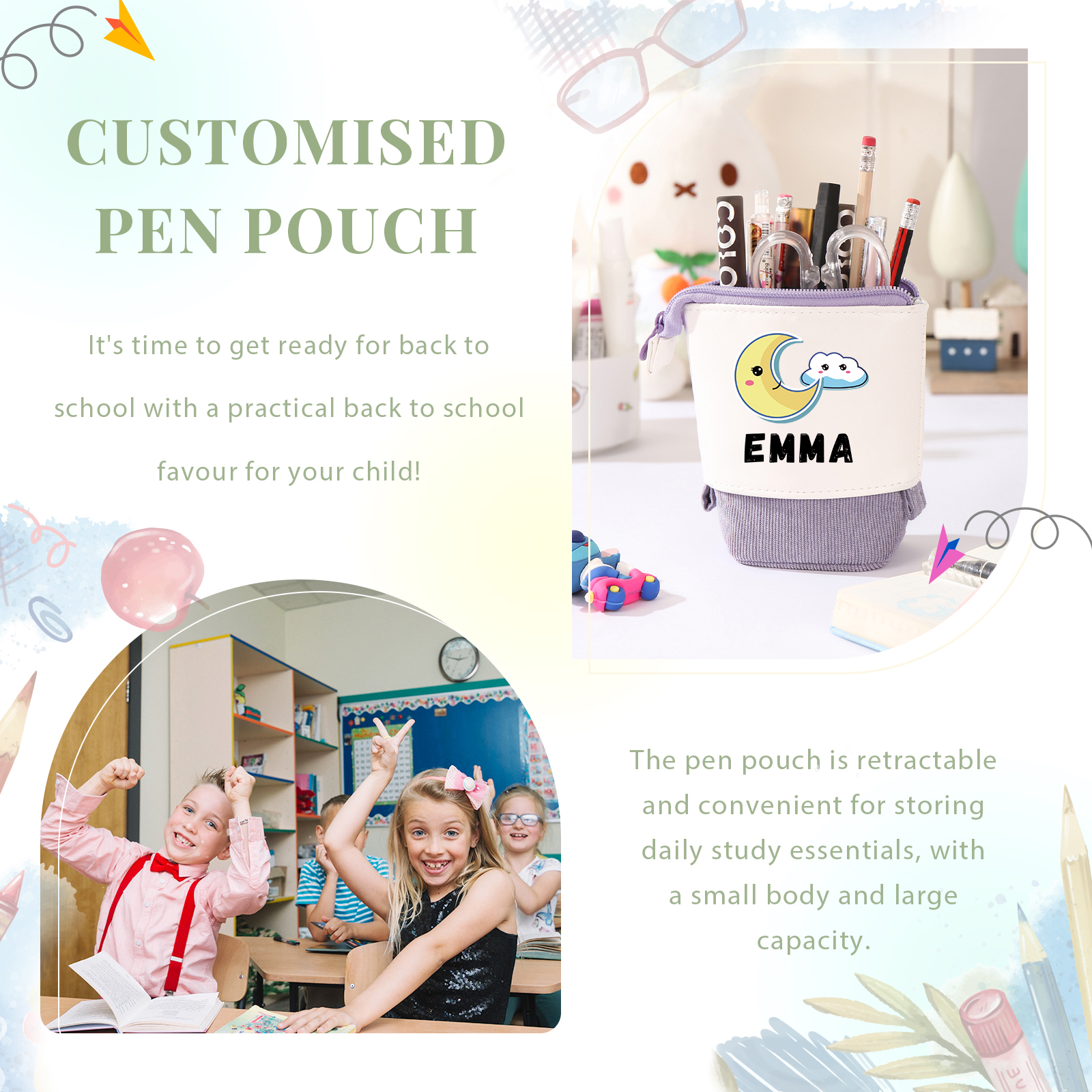 Astuccio per matite luna e nuvola personalizzato con 1 nome regalo per scuola elementare bambini