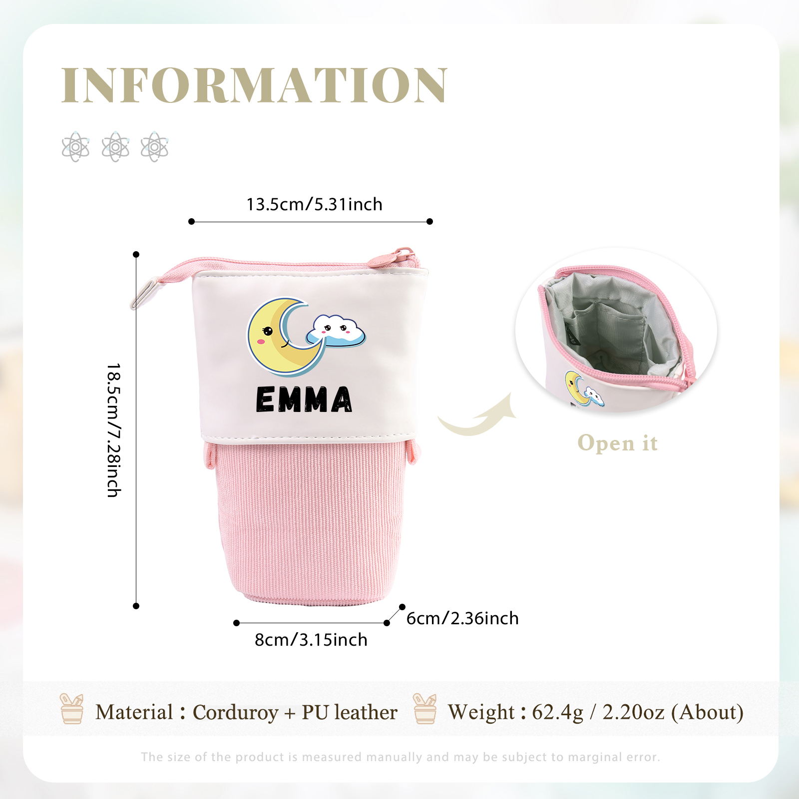 Astuccio per matite luna e nuvola personalizzato con 1 nome regalo per scuola elementare bambini