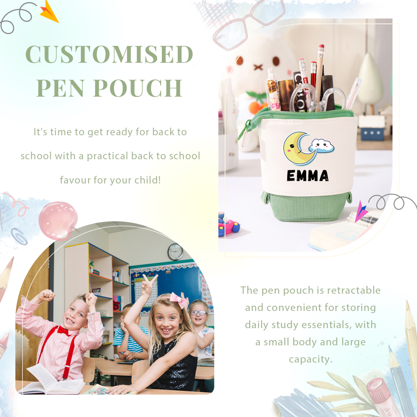 Astuccio per matite luna e nuvola personalizzato con 1 nome regalo per scuola elementare bambini