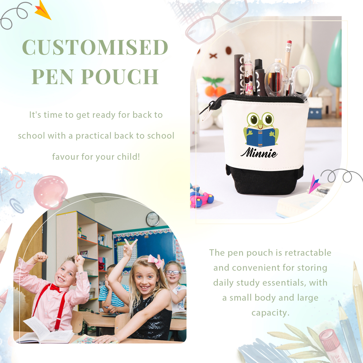 Astuccio per matite personalizzato con 1 nome e 1 animale regalo per scuola elementare bambini