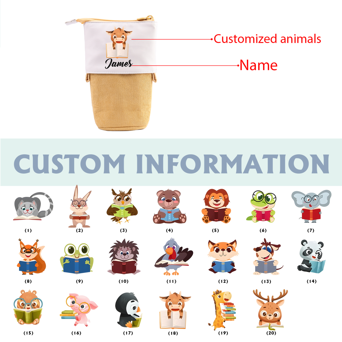 Astuccio per matite personalizzato con 1 nome e 1 animale regalo per scuola elementare bambini