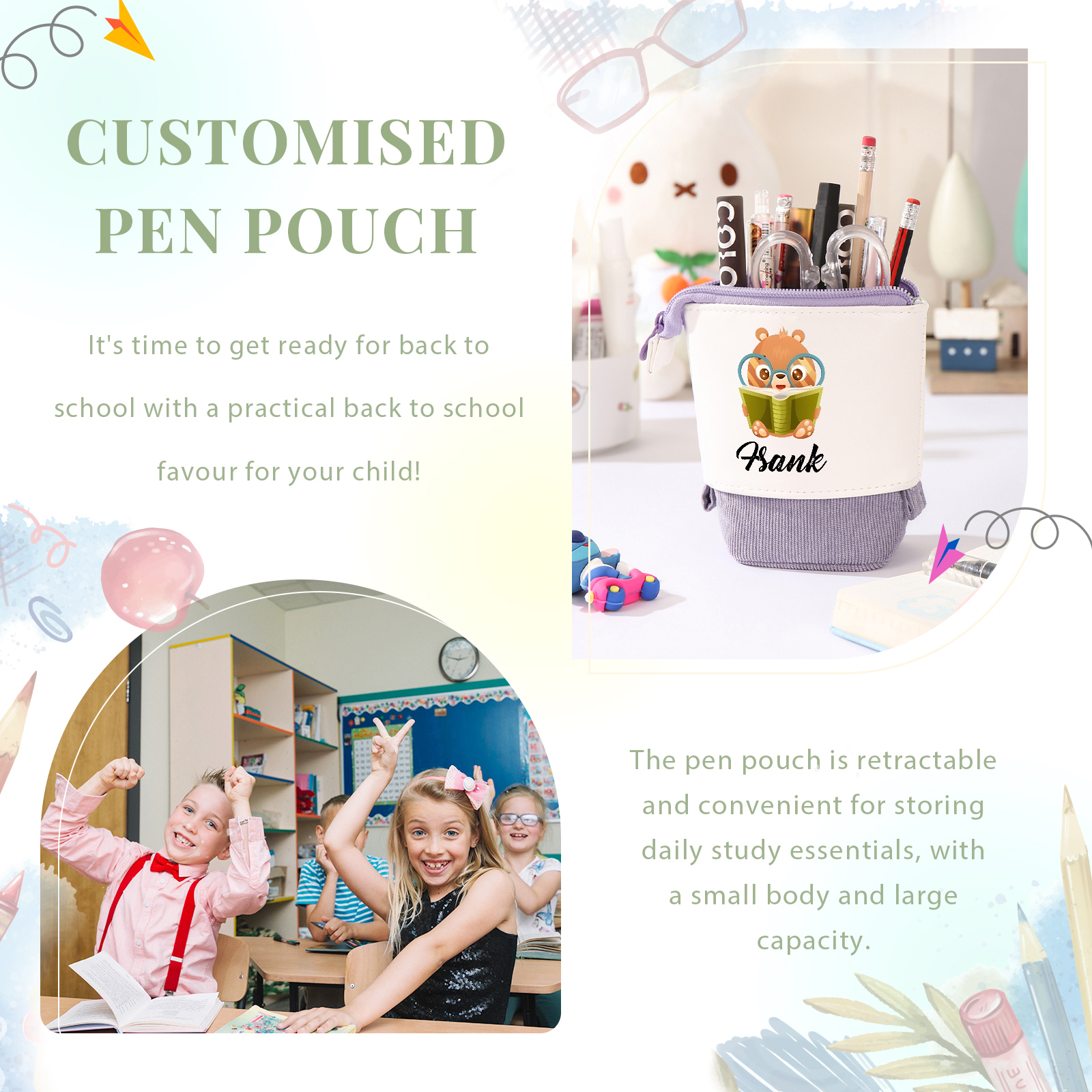 Astuccio per matite personalizzato con 1 nome e 1 animale regalo per scuola elementare bambini