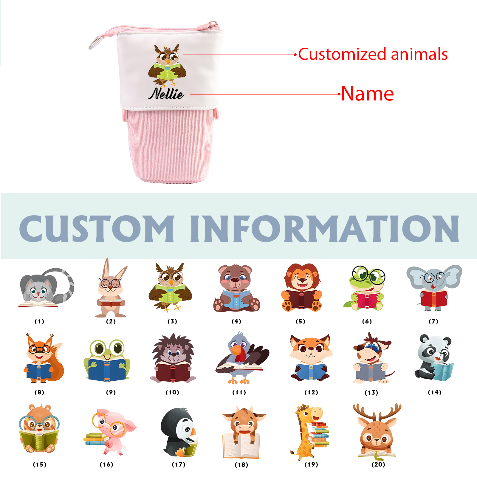 Astuccio per matite personalizzato con 1 nome e 1 animale regalo per scuola elementare bambini