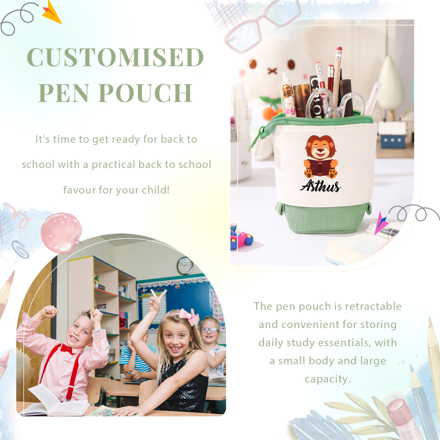 Astuccio per matite personalizzato con 1 nome e 1 animale regalo per scuola elementare bambini
