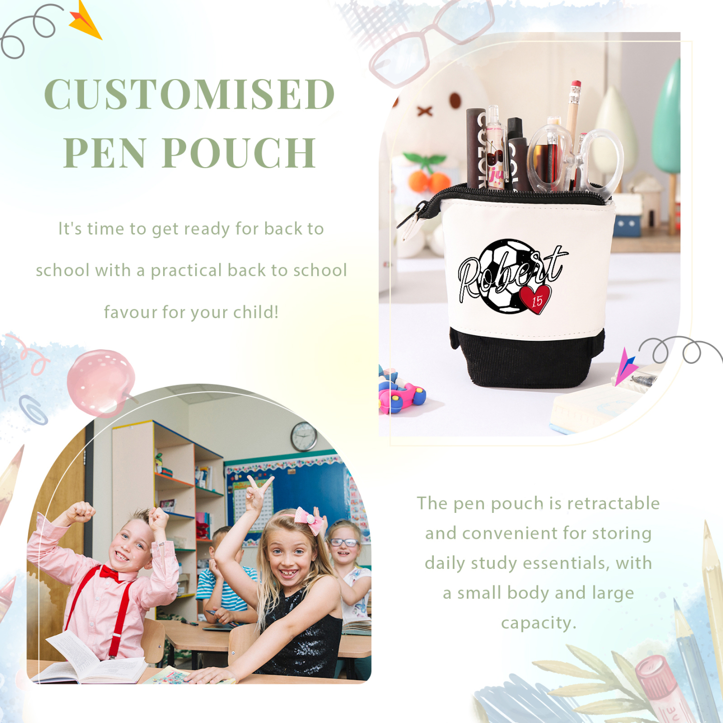 Astuccio per matite personalizzato con 1 nome e 1 palla regalo per scuola elementare bambini