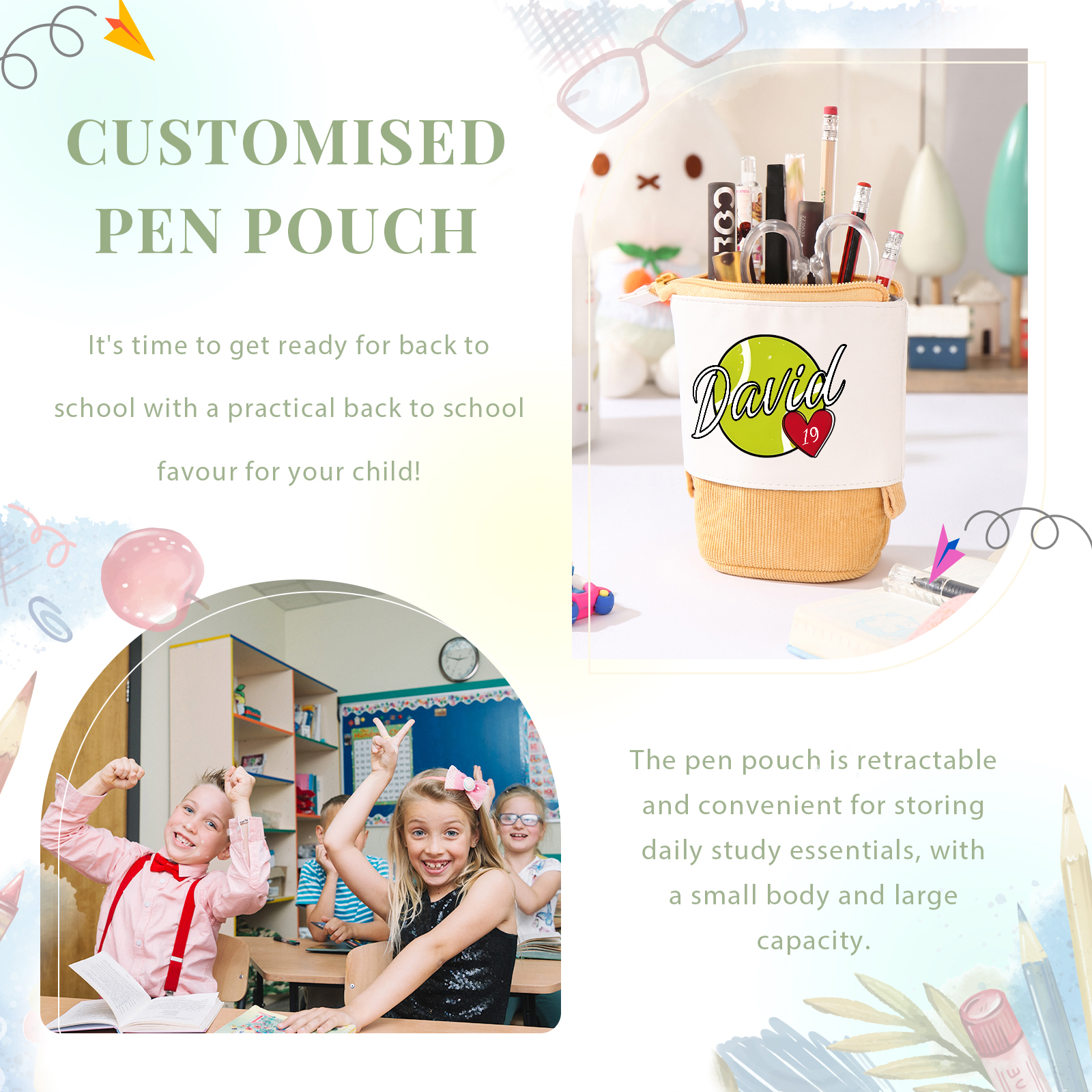 Astuccio per matite personalizzato con 1 nome e 1 palla regalo per scuola elementare bambini