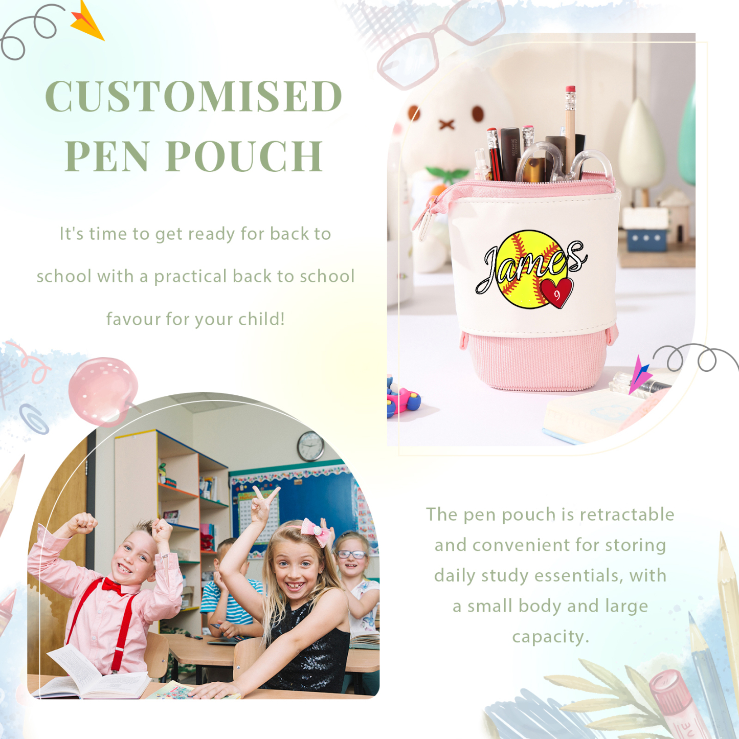 Astuccio per matite personalizzato con 1 nome e 1 palla regalo per scuola elementare bambini
