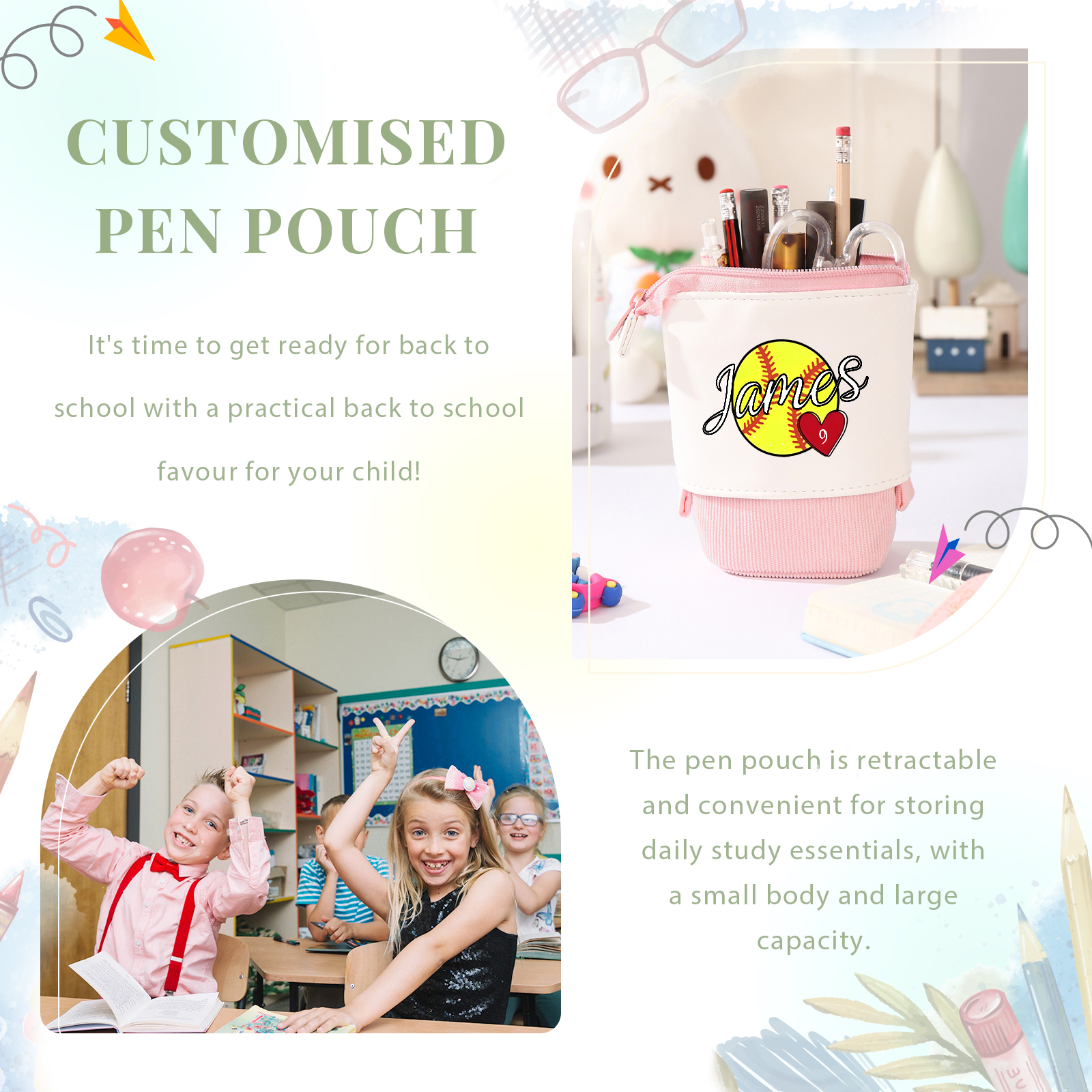 Astuccio per matite personalizzato con 1 nome e 1 palla regalo per scuola elementare bambini