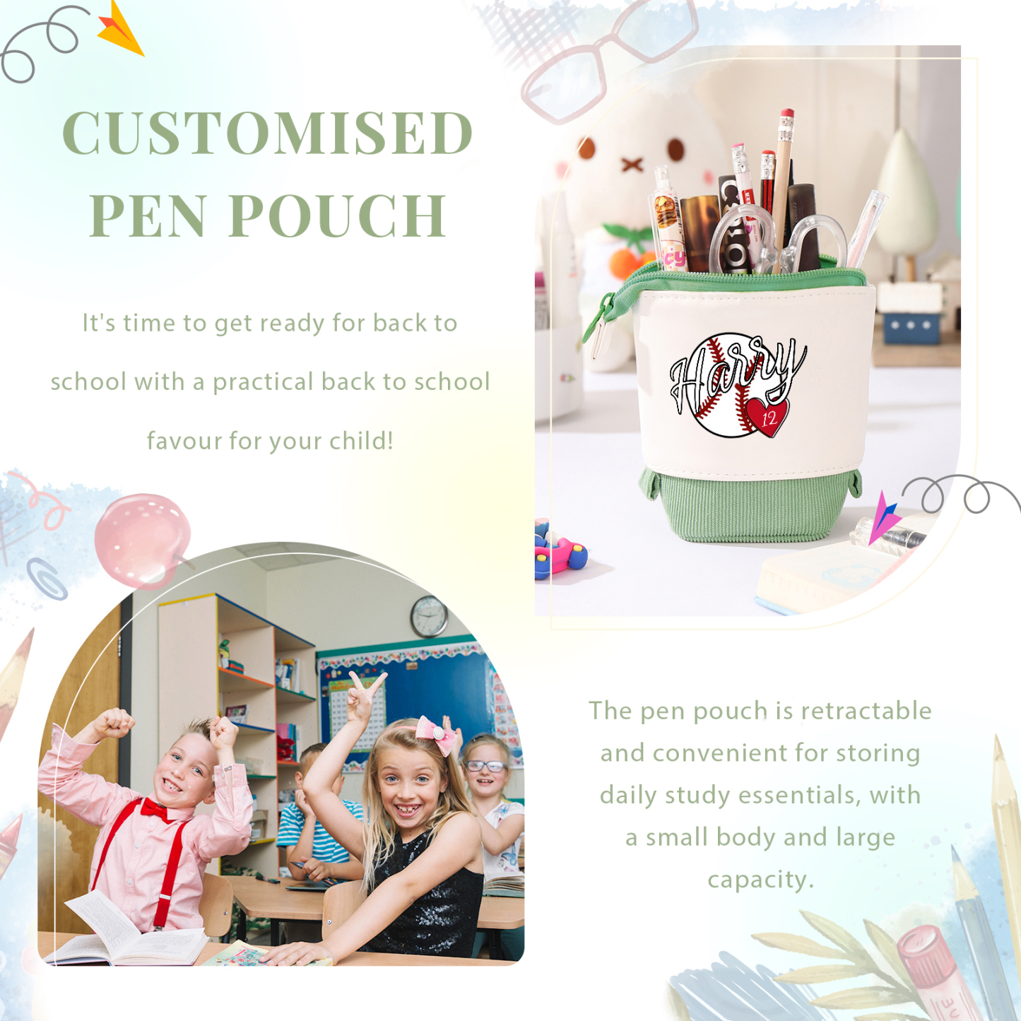 Astuccio per matite personalizzato con 1 nome e 1 palla regalo per scuola elementare bambini