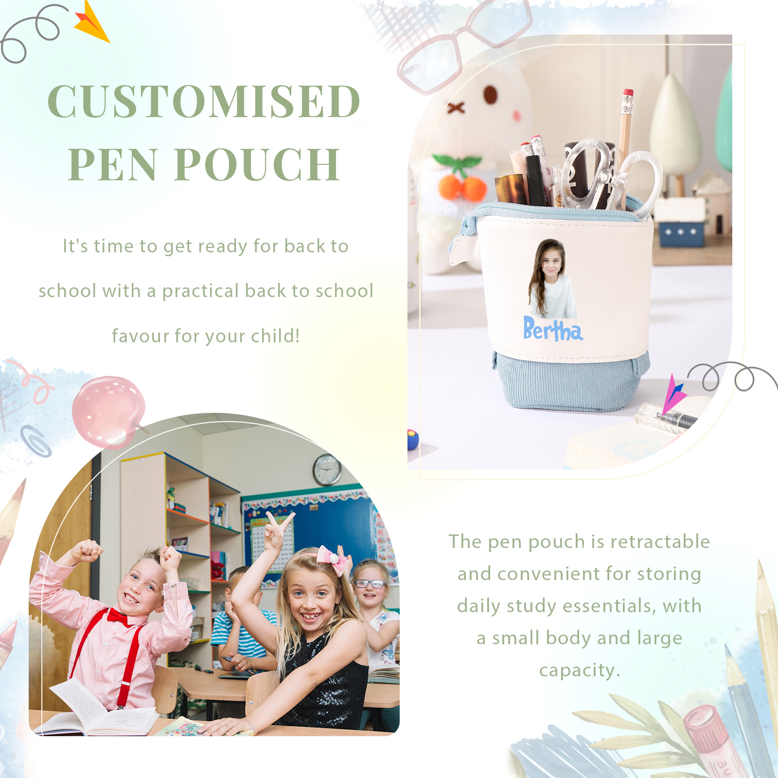 Astuccio per matite personalizzato con 1 nome e 1 foto regalo per scuola elementare bambini