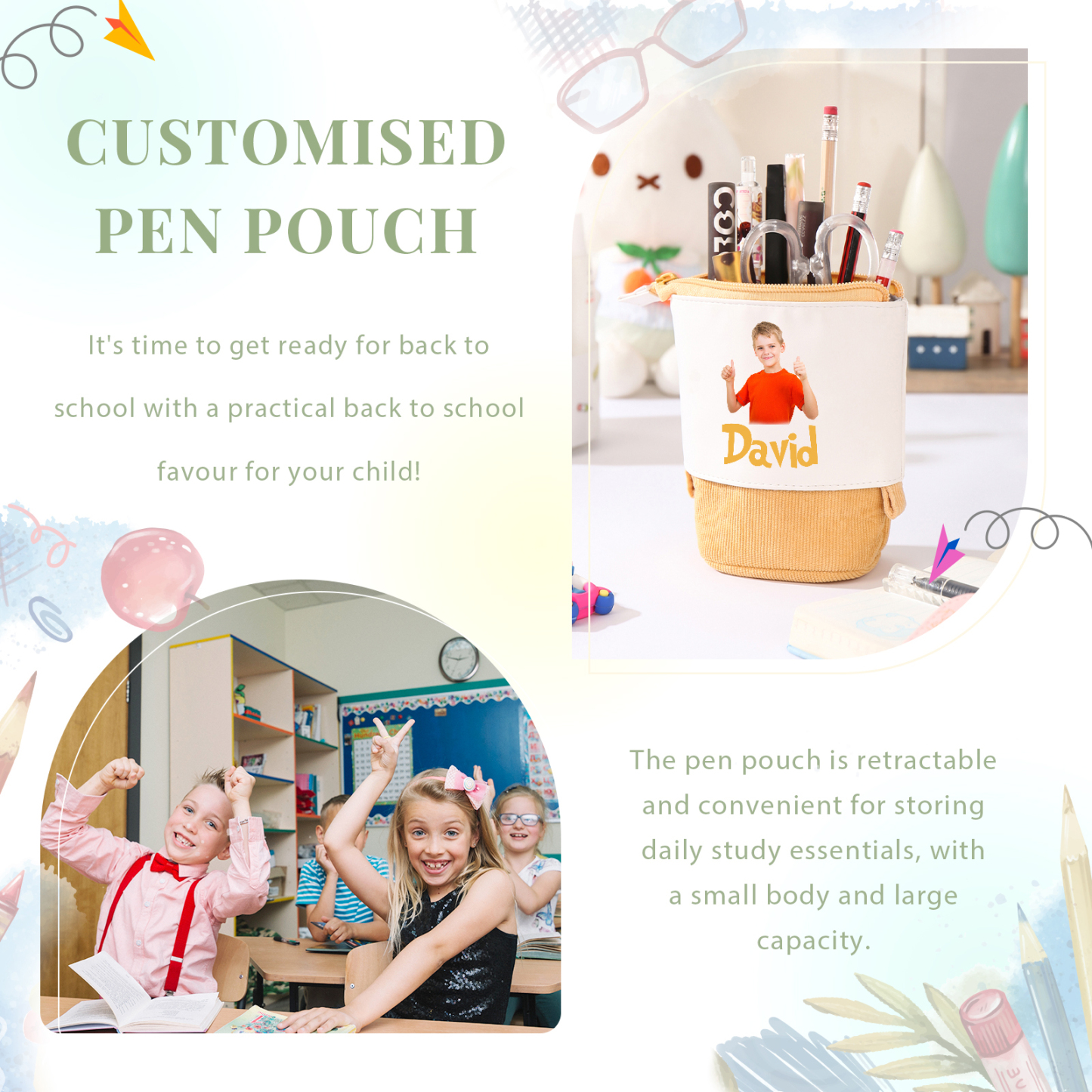 Astuccio per matite personalizzato con 1 nome e 1 foto regalo per scuola elementare bambini